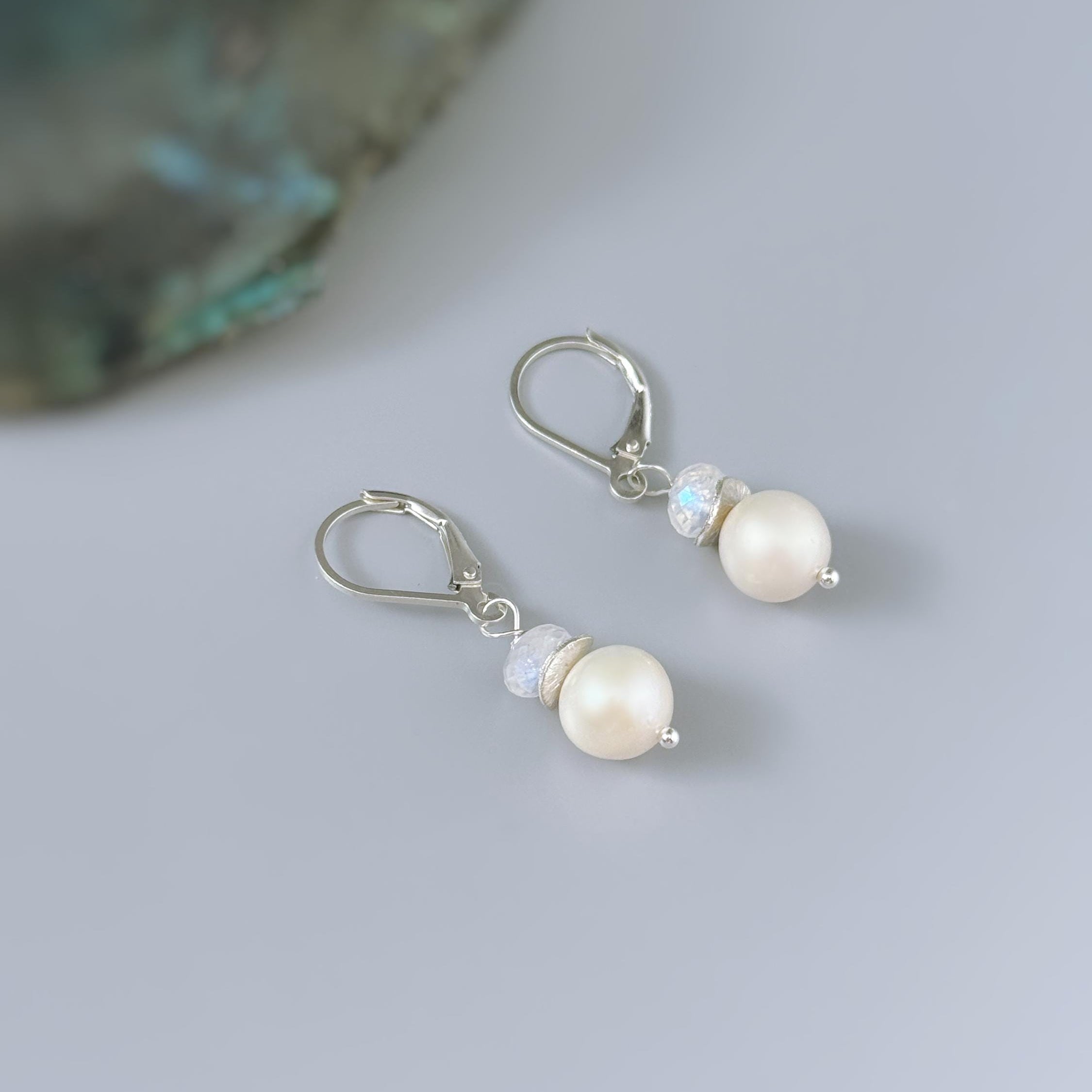 Pearl and Moonstone Earrings Dangle Sterling Silver, 14k Gold Handmade Gemstone Freshwater Pearl Jewelry June birth stone gift for mom, wife