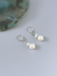 Pearl and Moonstone Earrings Dangle Sterling Silver, 14k Gold Handmade Gemstone Freshwater Pearl Jewelry June birth stone gift for mom, wife