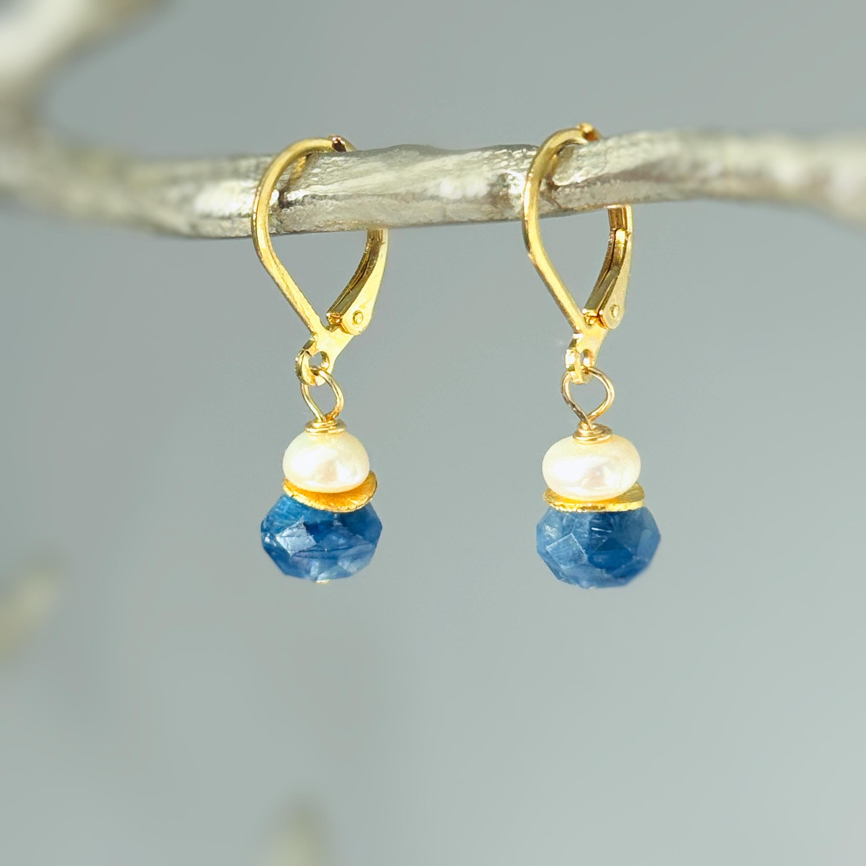 Dainty Moonstone and blue Kyanite Earrings dangle Sterling Silver