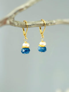 Dainty blue Kyanite and Pearl Earrings dangle 14k Gold, Sterling Silver dangly drop handmade gemstone   jewelry gift for wife daughter mom