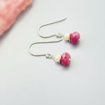 Dainty Pearl and Pink Sapphire Earrings dangle 14k gold, Sterling Silver dangly pink gemstone freshwater pearl jewelry September birthstone