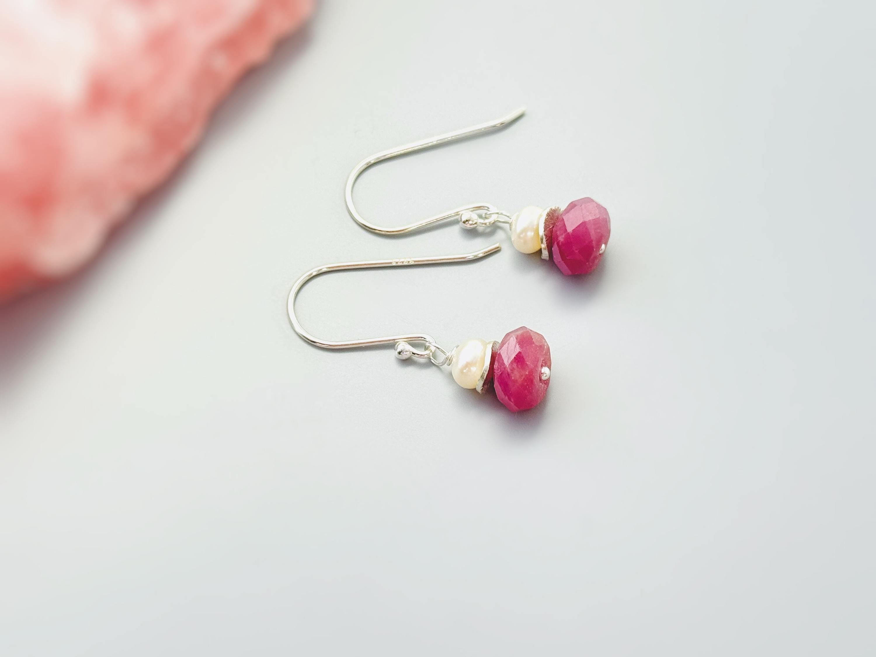 Dainty Pearl and Pink Sapphire Earrings dangle 14k gold, Sterling Silver dangly pink gemstone freshwater pearl jewelry September birthstone
