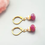 Dainty Pearl and Pink Sapphire Earrings dangle 14k gold, Sterling Silver dangly pink gemstone freshwater pearl jewelry September birthstone