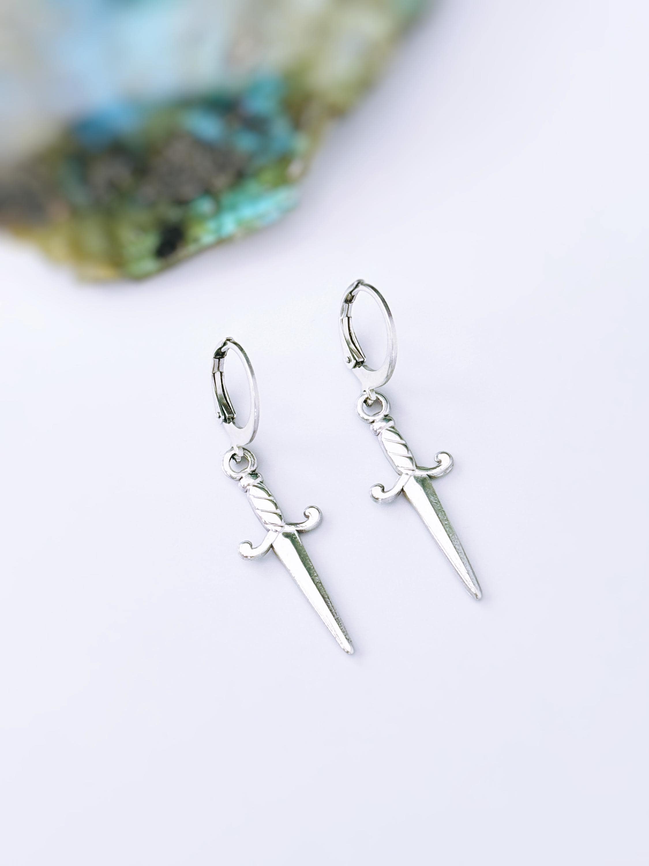 Silver Dagger Sword Hoop Earrings dangle