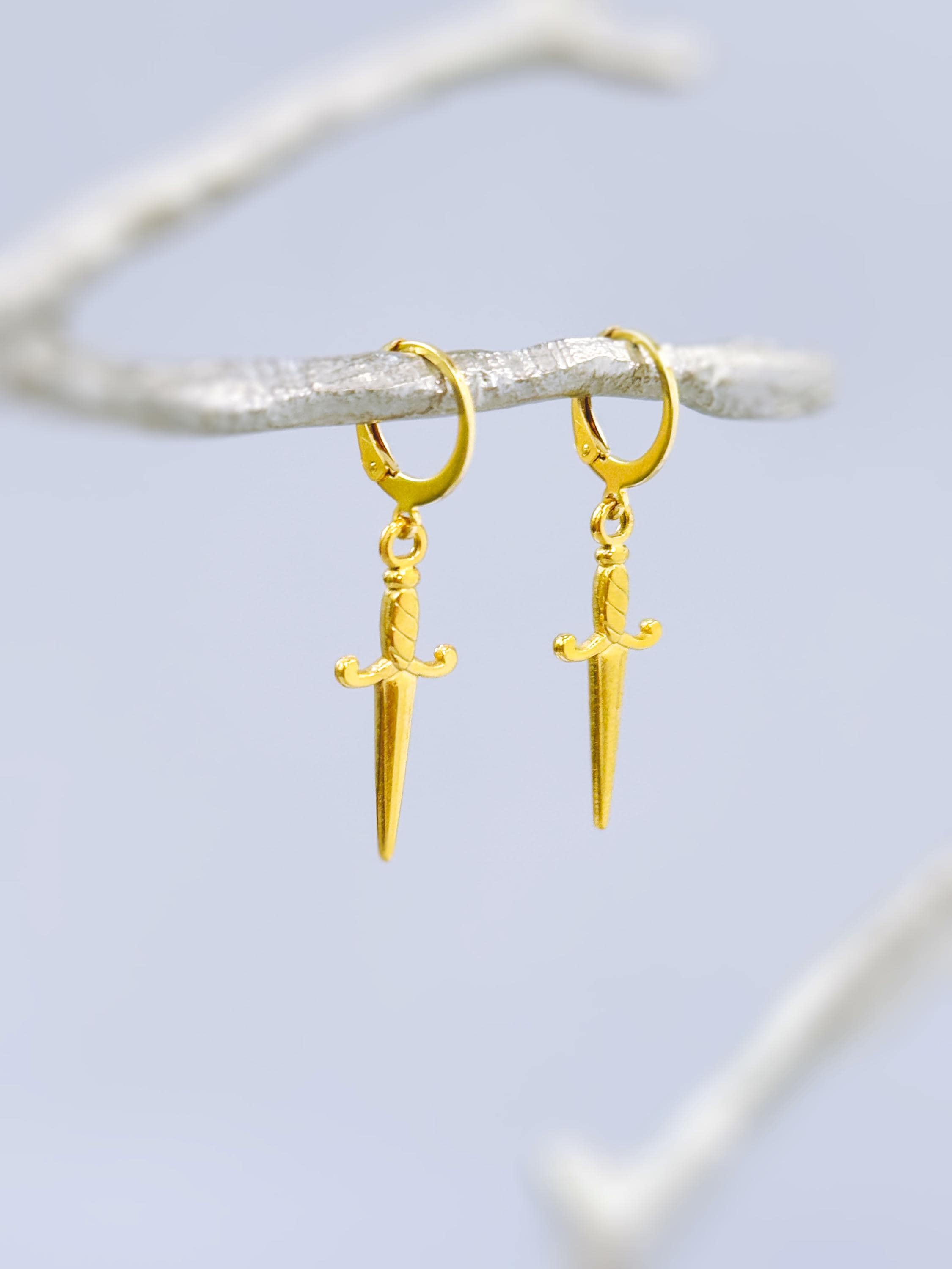 Gold Sword Earrings dangle handmade medieval mythical fantasy dagger punk jewelry renaissance faire Celtic gothic hoop earrings for women