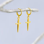 Gold Sword Earrings dangle handmade medieval mythical fantasy dagger punk jewelry renaissance faire Celtic gothic hoop earrings for women