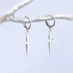 Silver Sword Earrings dangle handmade medieval mythical fantasy dagger punk jewelry renaissance faire Celtic gothic hoop earrings for women