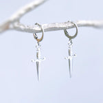 Silver Sword Earrings dangle handmade medieval mythical fantasy dagger punk jewelry renaissance faire Celtic gothic hoop earrings for women