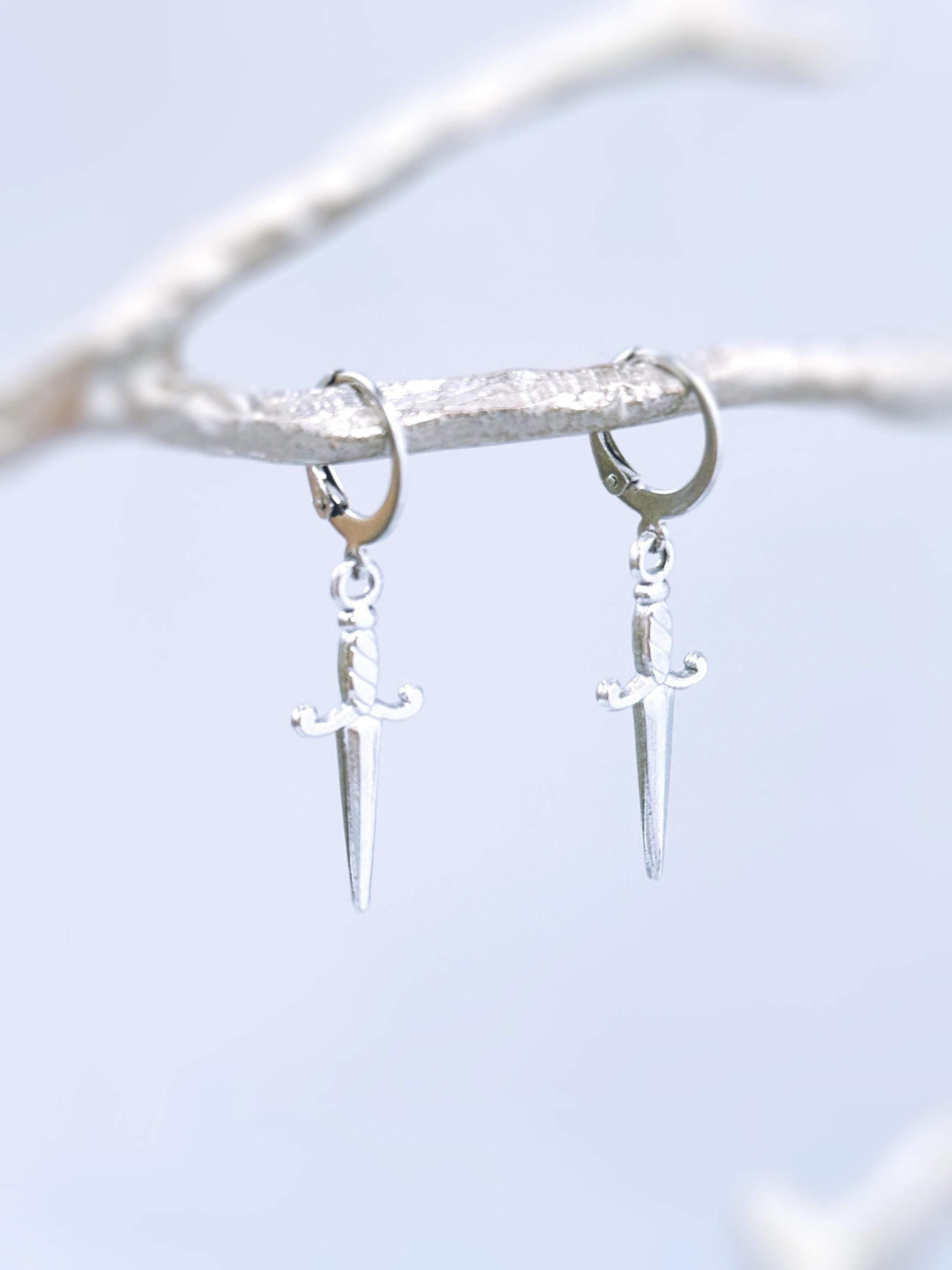Silver Sword Earrings dangle handmade medieval mythical fantasy dagger punk jewelry renaissance faire Celtic gothic hoop earrings for women