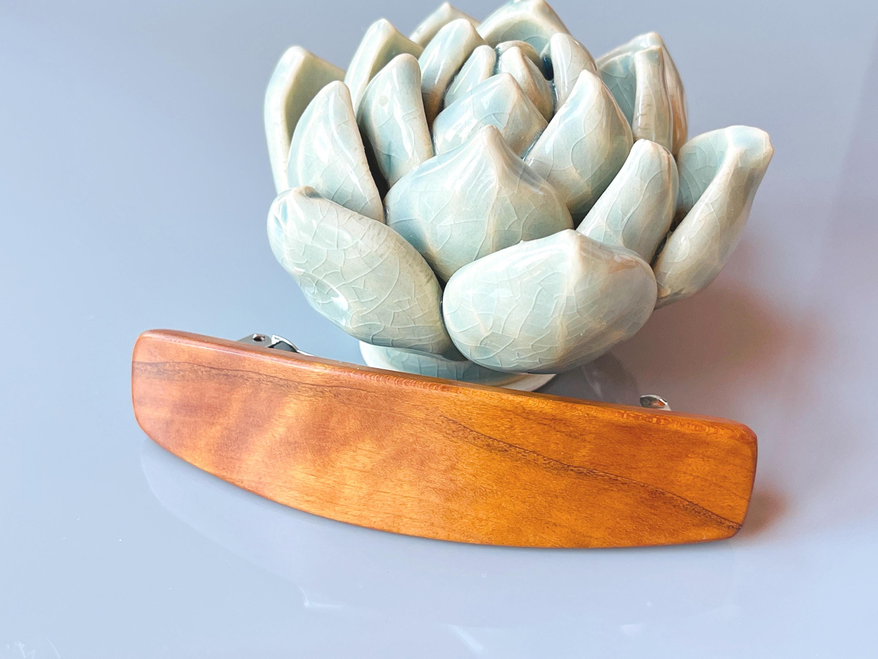 Wooden Hair Clip French Barrette for women Medium Curly Cherry wood minimalist plain hair claw clasp 5th Anniversary gift for wife