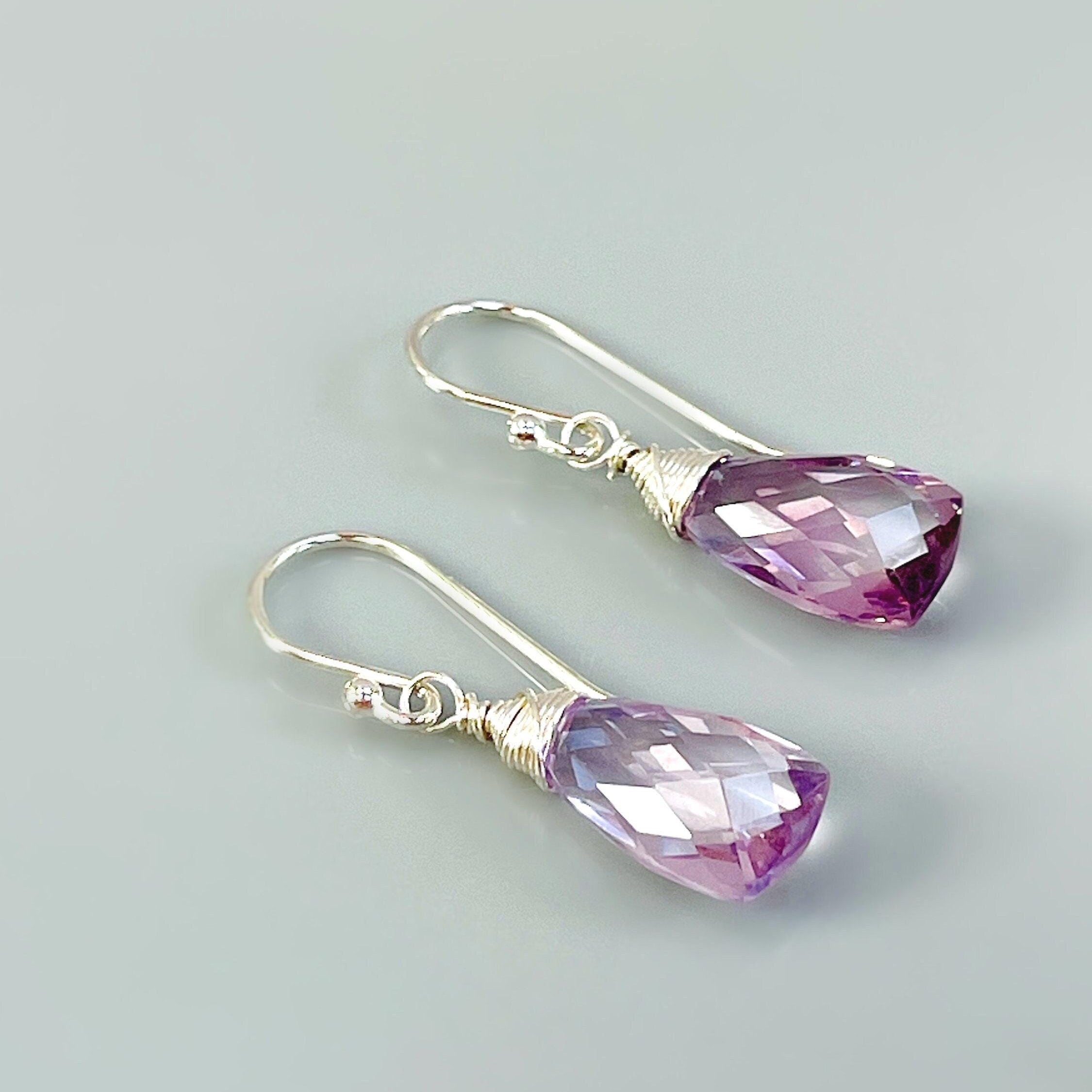 Amethyst Earrings Sterling Silver, Rose Gold, 14k gold fill, teardrop everyday handmade jewelry for women pink Purple Gemstone Earrings