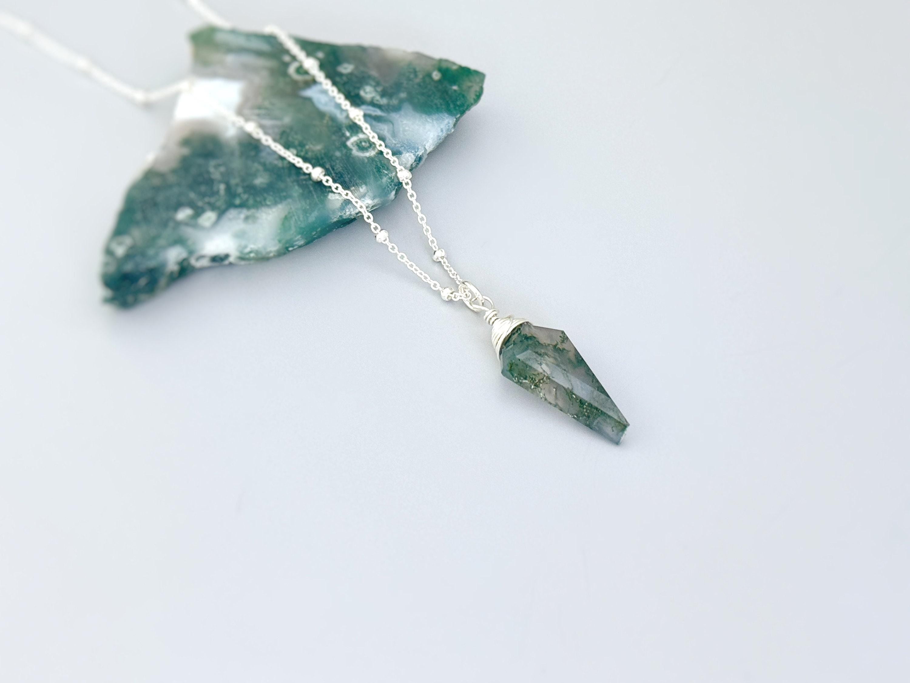 Moss Agate Necklace Sterling Silver, Rose Gold, 14k Gold handmade crystal jewelry green gemstone pendant layering necklace for bohemian gift