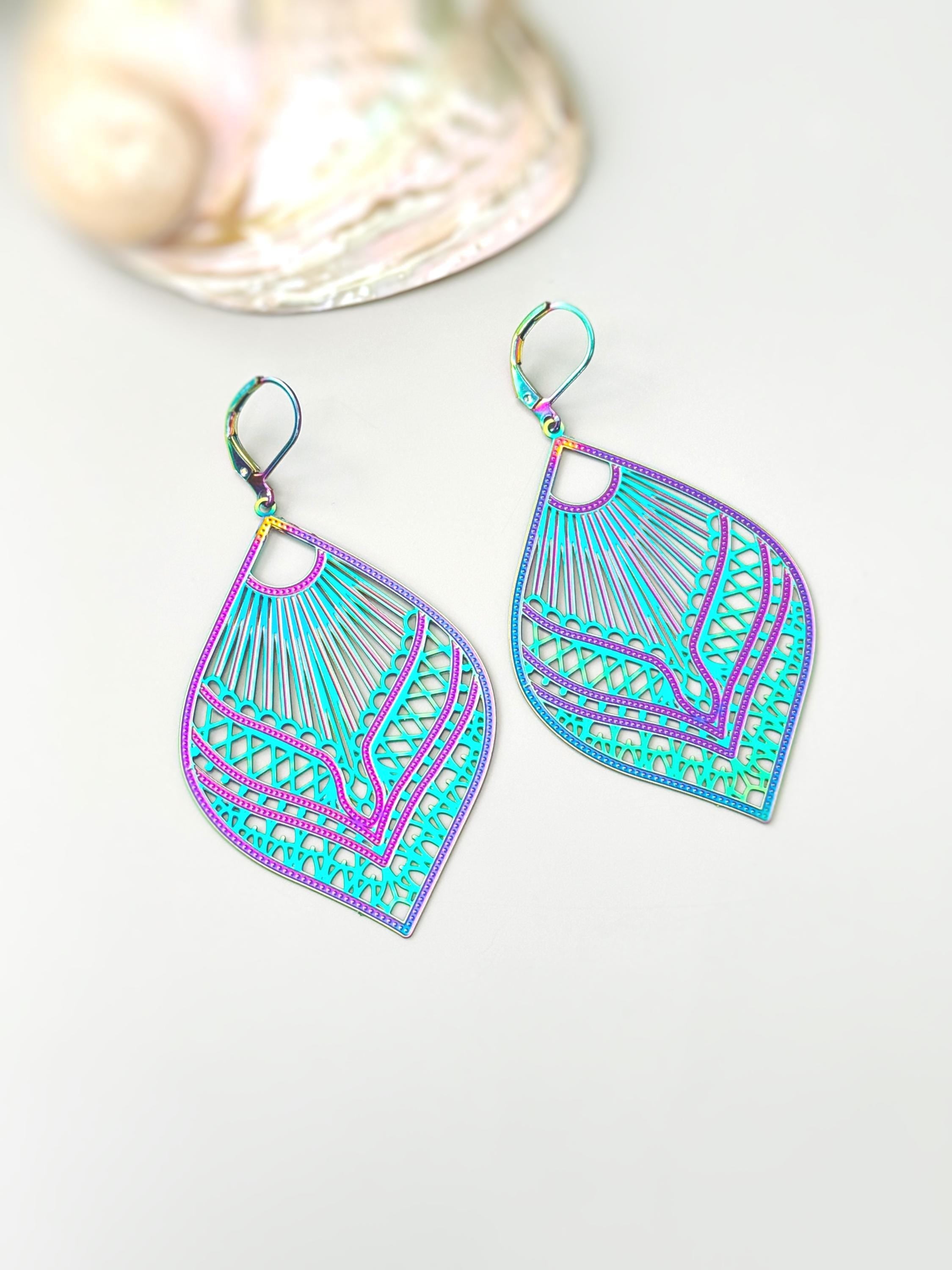 Colorful Boho Filigree Leaf Earrings Rainbow Dangle lightweight large Statement earrings, big unique funky festival jewelry fun gift for bff