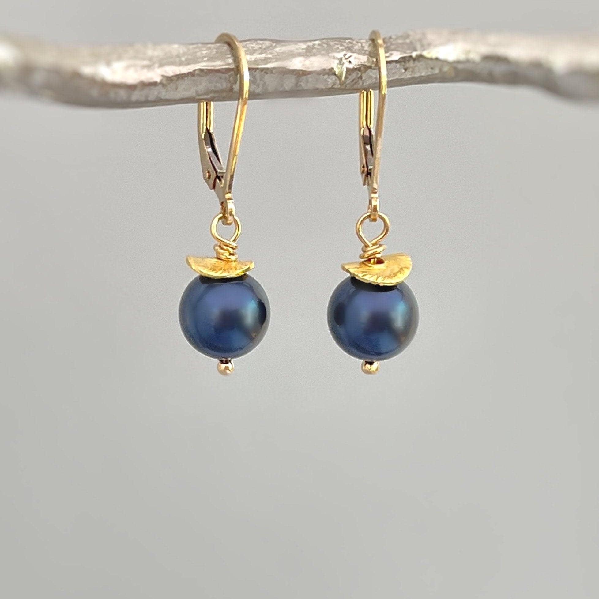 Blue Pearl Earrings dangle 14k Gold, Sterling Silver minimalist Dainty Drop Earrings dangly artisan handmade jewelry modern bridesmaids gift