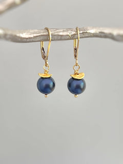 Blue Pearl Earrings dangle 14k Gold, Sterling Silver minimalist Dainty Drop Earrings dangly artisan handmade jewelry modern bridesmaids gift