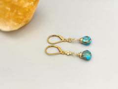 Copper Turquoise Gemstone earrings dangle 14k Gold, Silver leverback dangly earrings handmade blue  gemstone jewelry gift for wife, mom