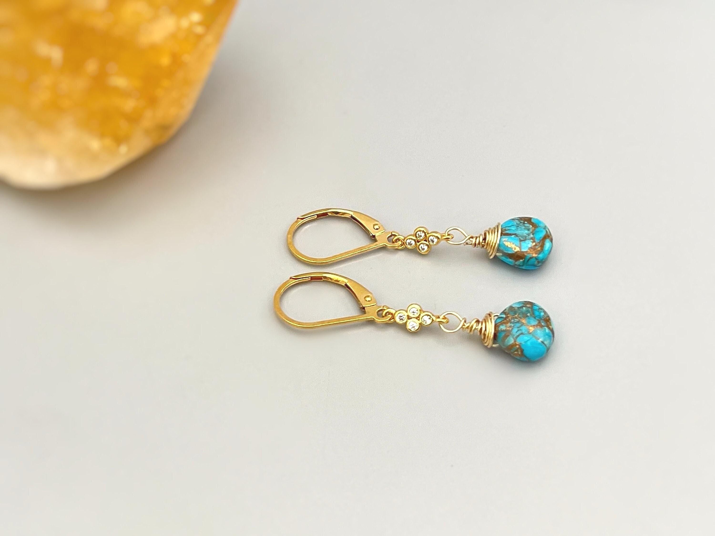 Copper Turquoise Gemstone earrings dangle 14k Gold, Silver leverback dangly earrings handmade blue  gemstone jewelry gift for wife, mom