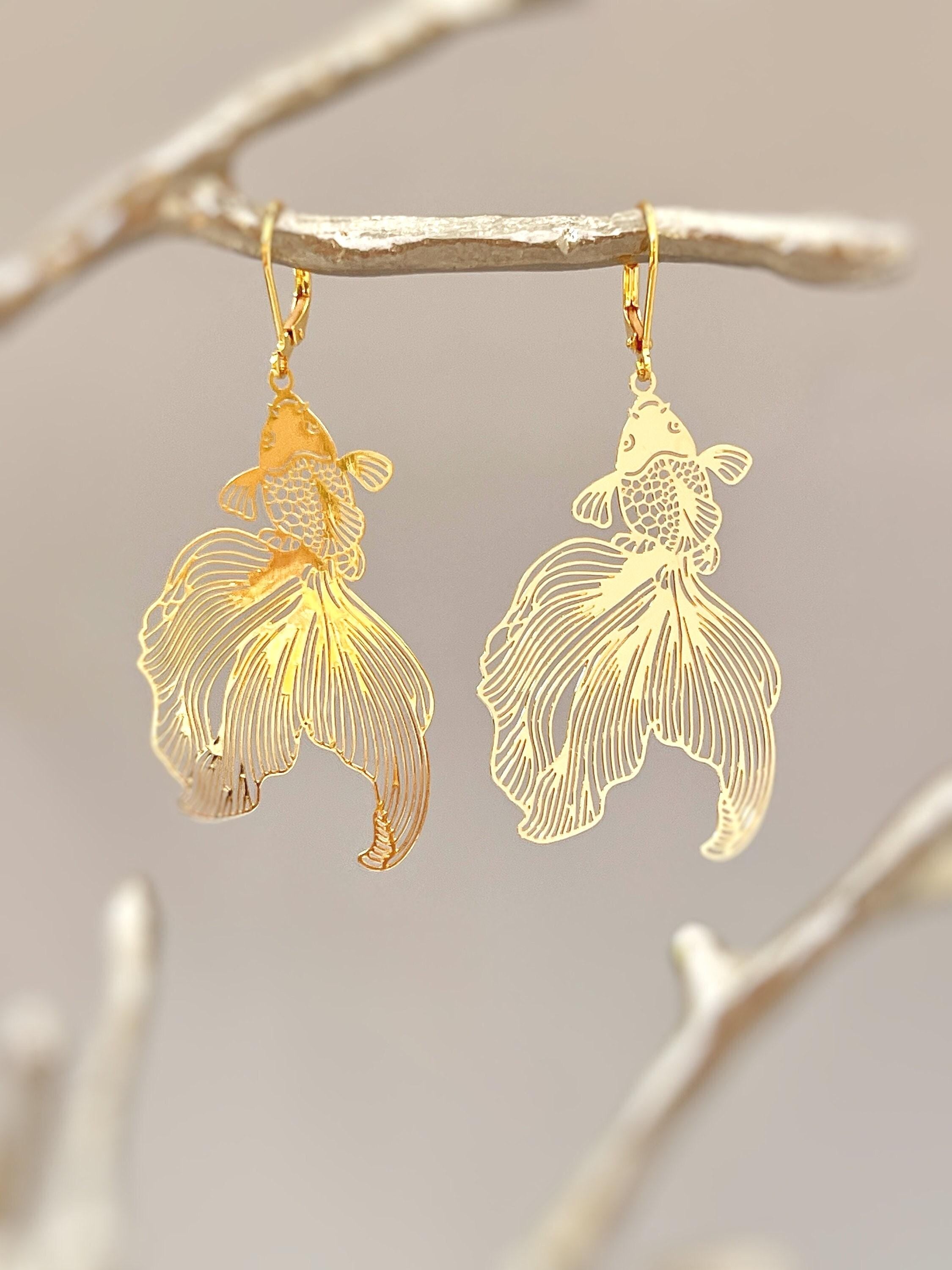 Goldfish Earrings, Dangly Statement Jewelry, big unique funky boho jewelry, lightweight large earrings fun gift for Koi Fish, animal lovers