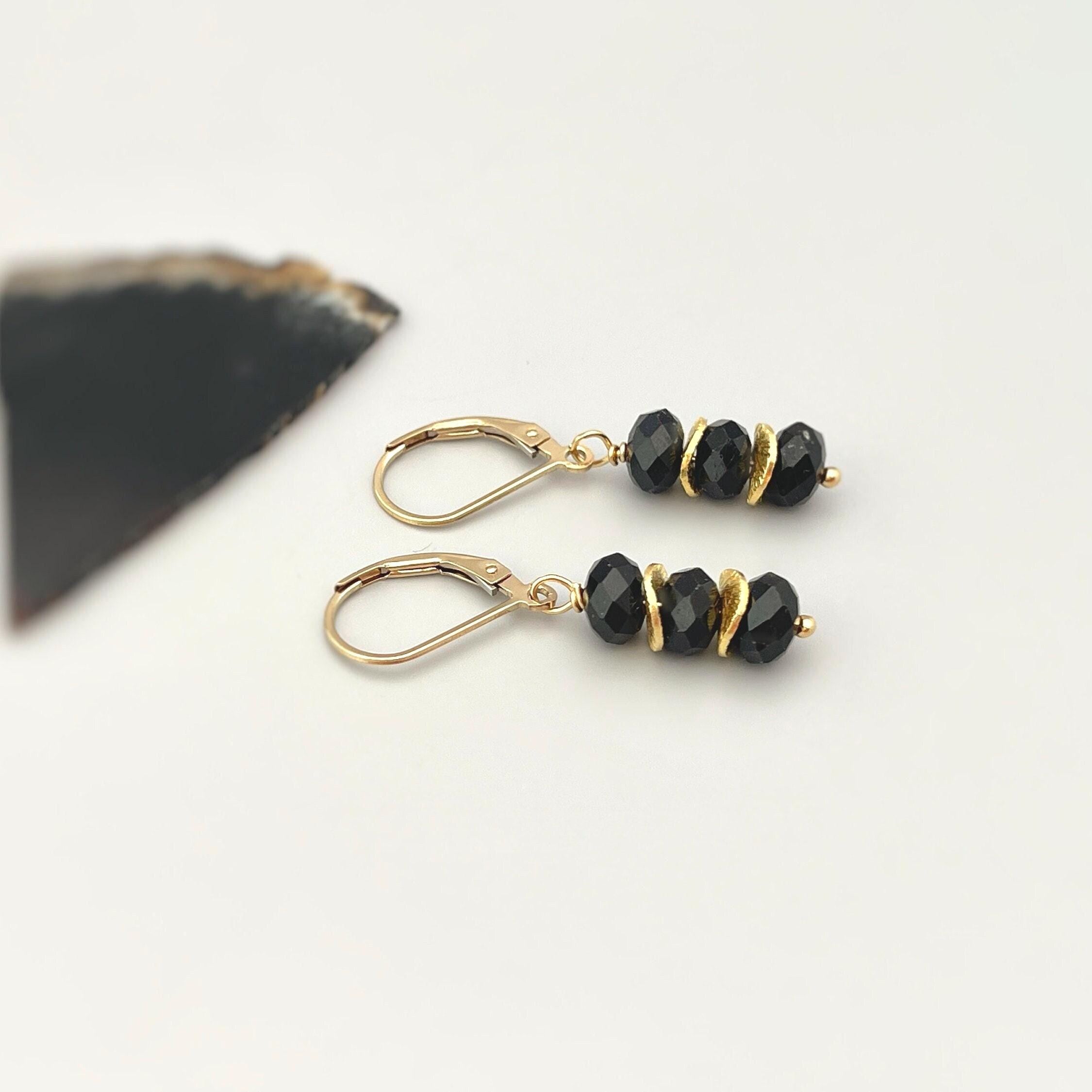 Black Tourmaline Earrings dangle, 14k gold, sterling silver boho dangly black gemstone lightweight everyday jewelry for women Birthstone