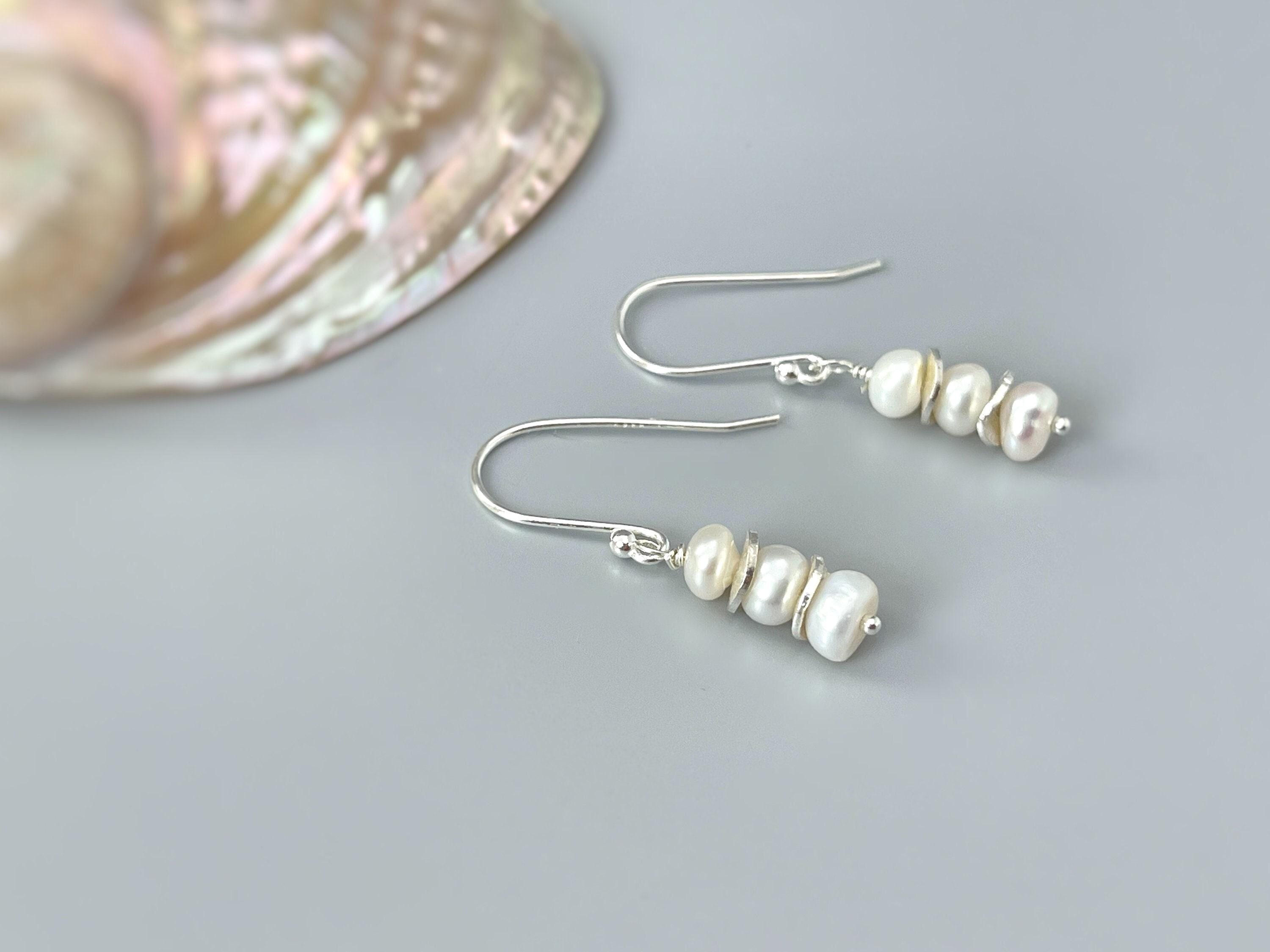 Dainty Pearl drop earrings, Sterling Silver Boho freshwater pearl dangle earrings