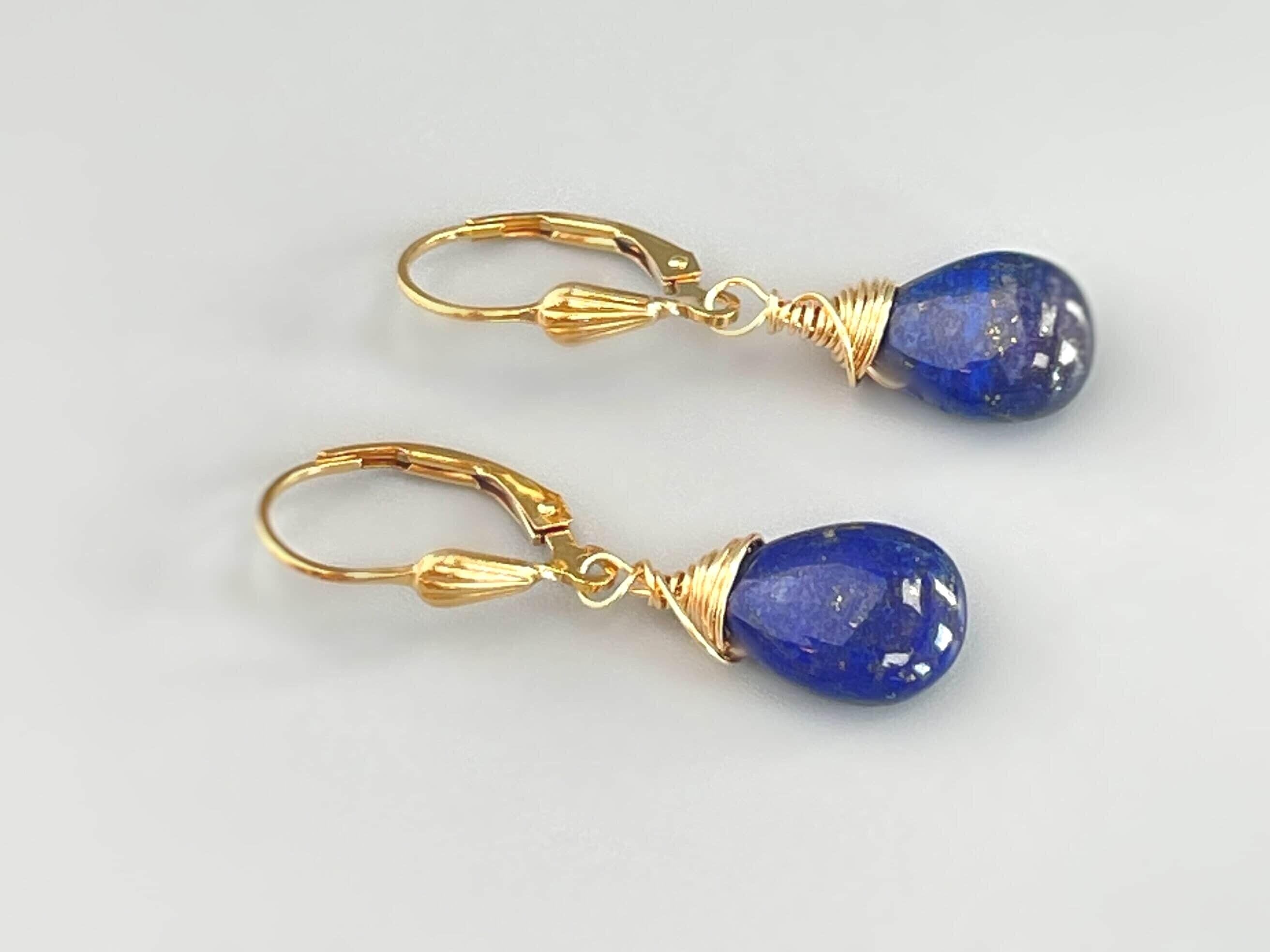 Lapis Earrings Leverback 14k Gold Dangling Teardrop Blue Gemstone Dangle Earrings Everyday Minimalist Handmade Lapis Lazuli Jewelry
