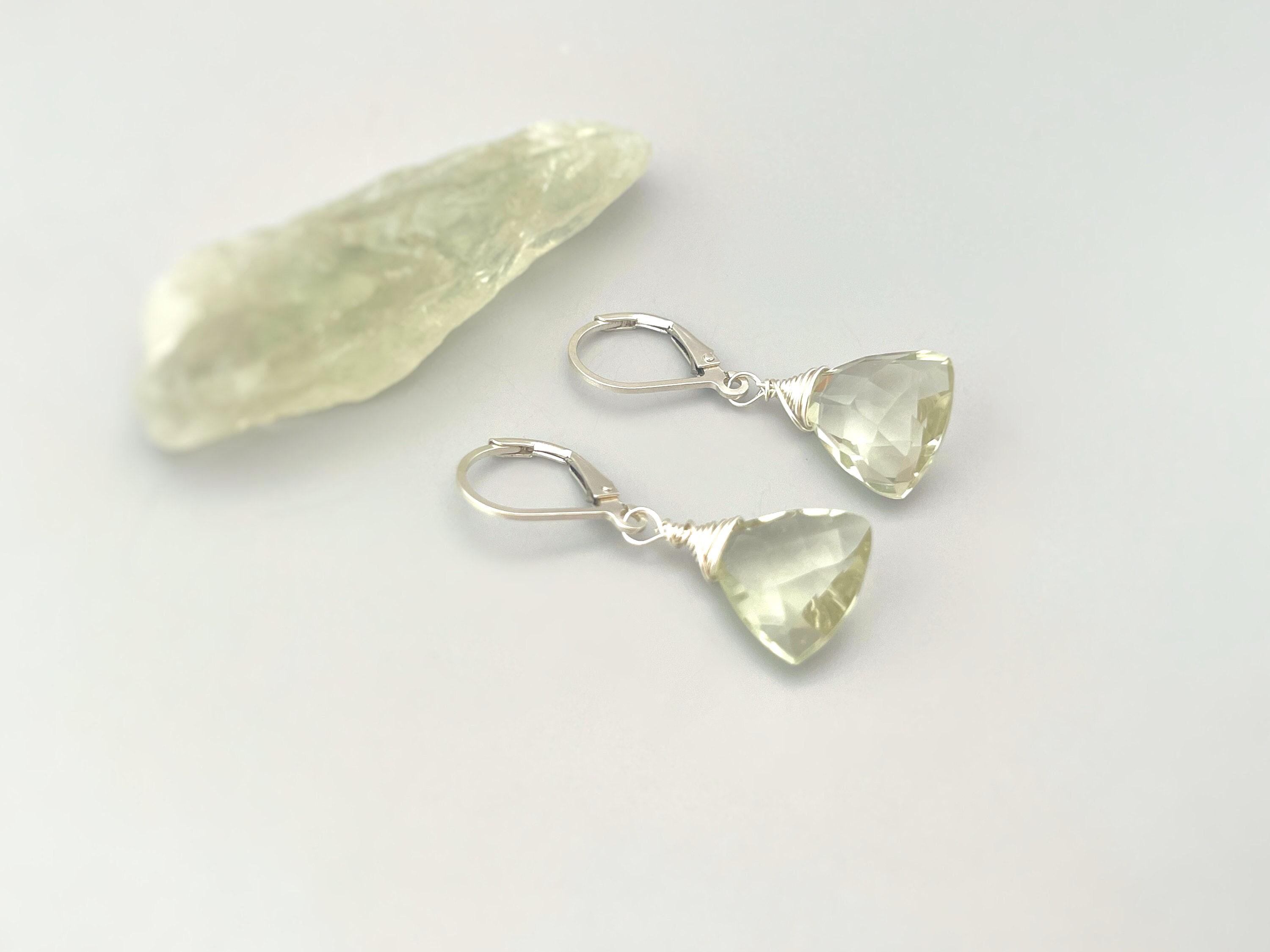 Green Amethyst Gemstone earrings Dangle Sterling Silver, Rose 14k Solid Gold sage green Prasiolite Birthstone drop earrings Handmade Jewelry