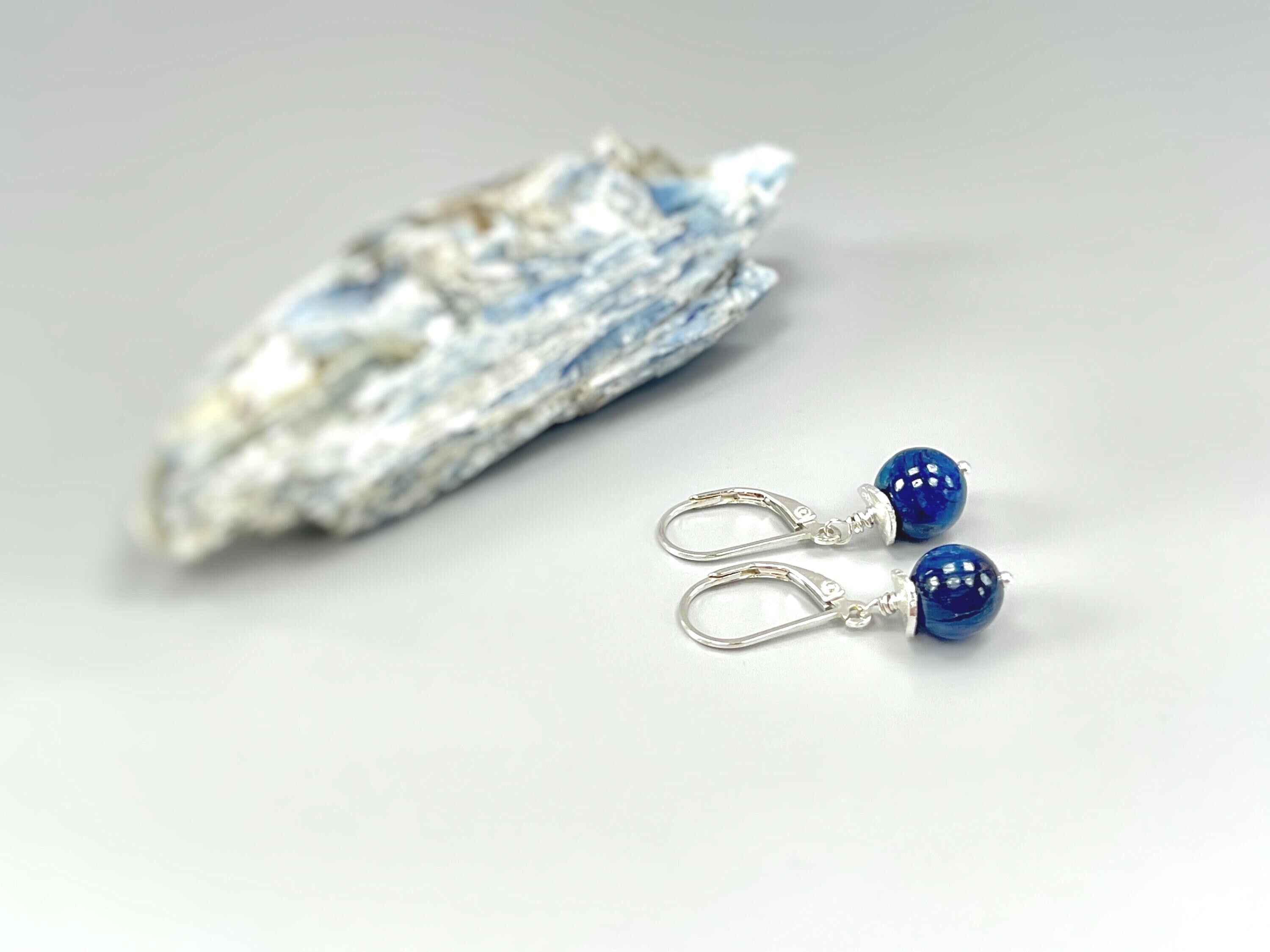 Kyanite Earrings Dangle Sterling Silver, 14k Gold Fill Leverback blue gemstone jewelry Dainty Drop Earrings modern artisan handmade jewelry