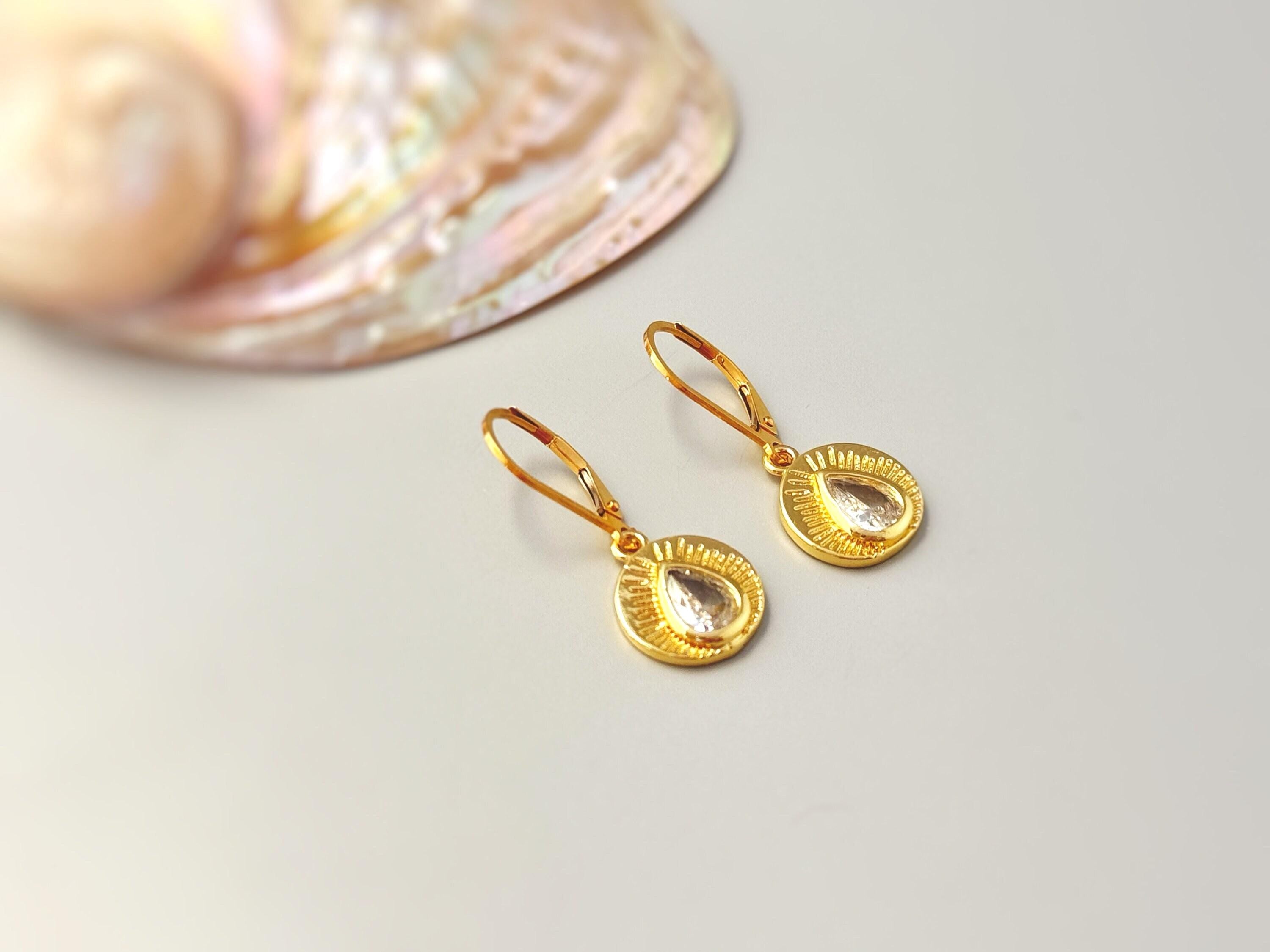 Gold Crystal Earrings dangle drop leverback boho handmade jewelry sunburst sparkly earrings gift for her, wife, mom, woman