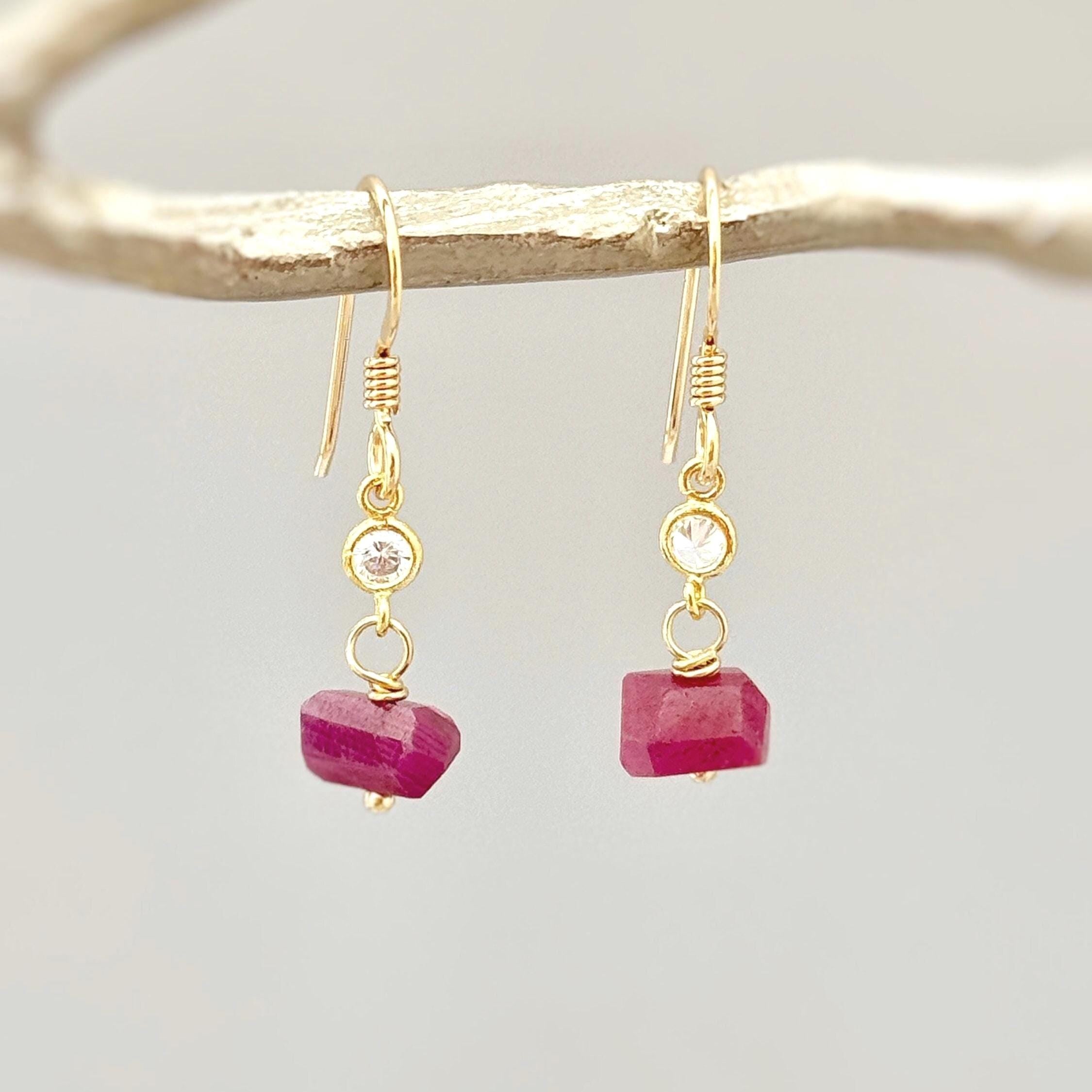 Raw Pink Sapphire Earrings Dangly Gold, Silver dainty real gemstone crystal jewelry September Birthstone handmade gift for wife, mom, sister