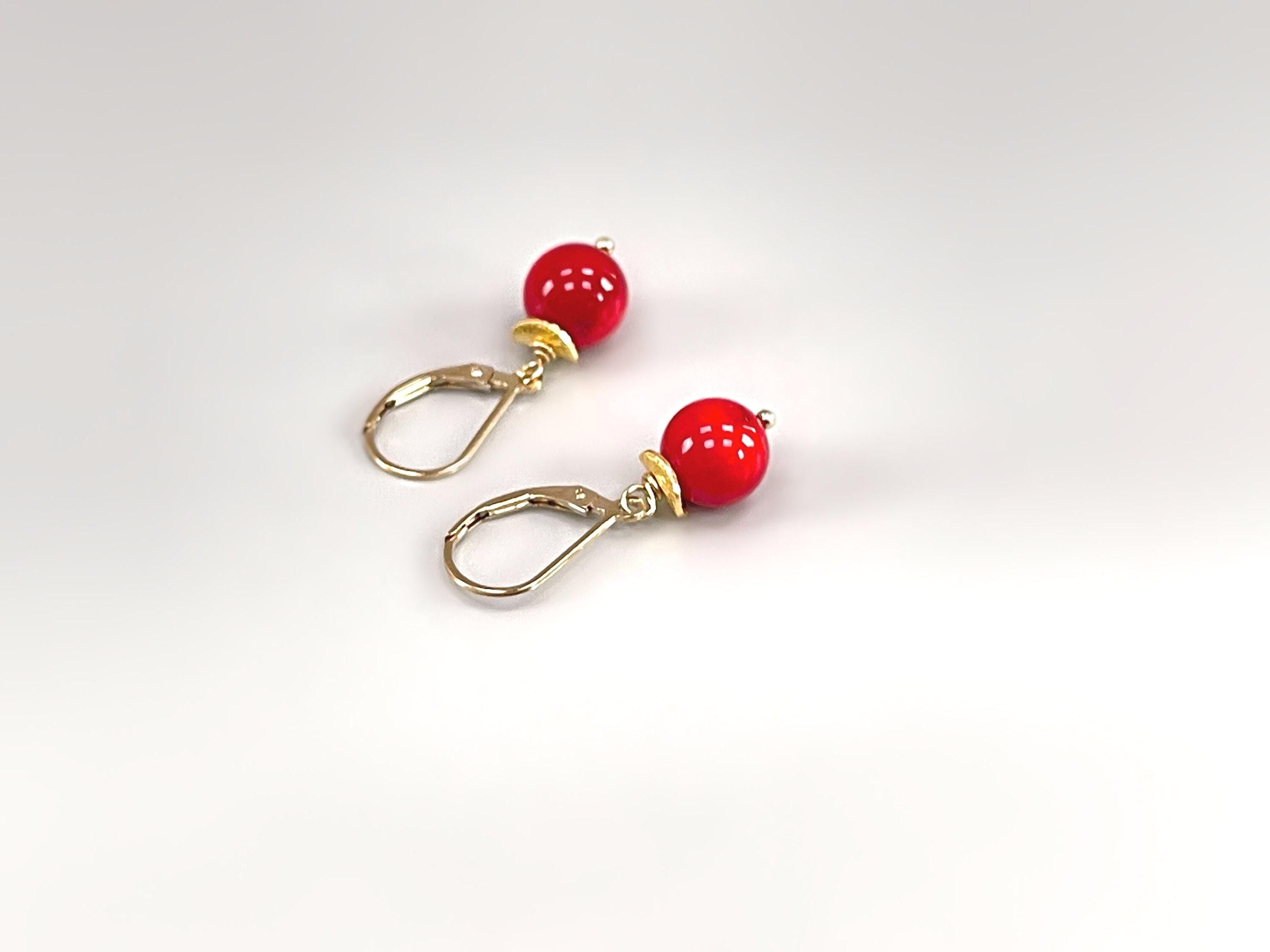 Red Coral Earrings dangle 14k Gold Fill, Sterling Silver winter berry jewelry lever back Dainty Drop handmade modern dangly artisan earrings