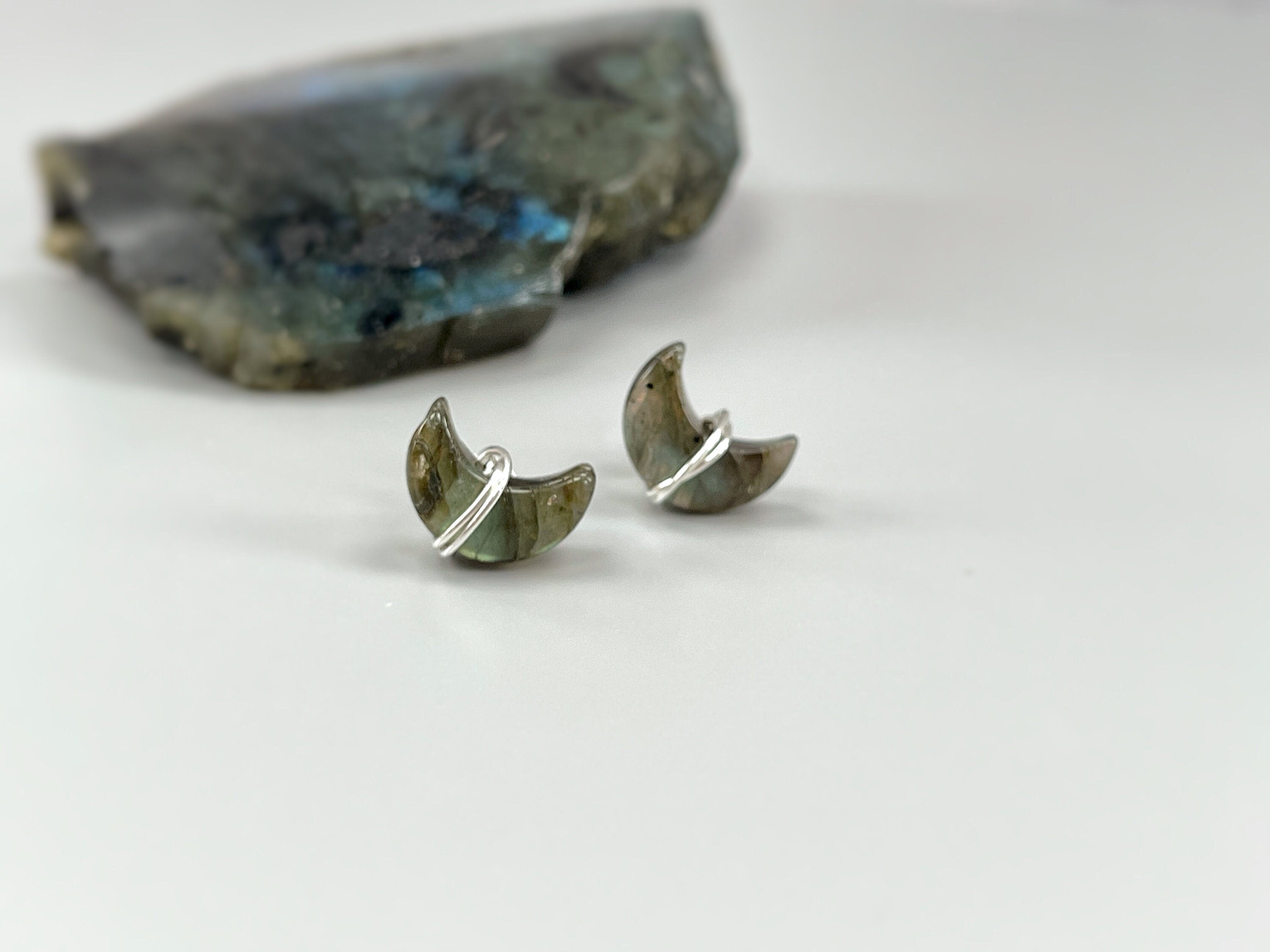 Crescent Moon Labradorite Stud Earrings in Sterling Silver