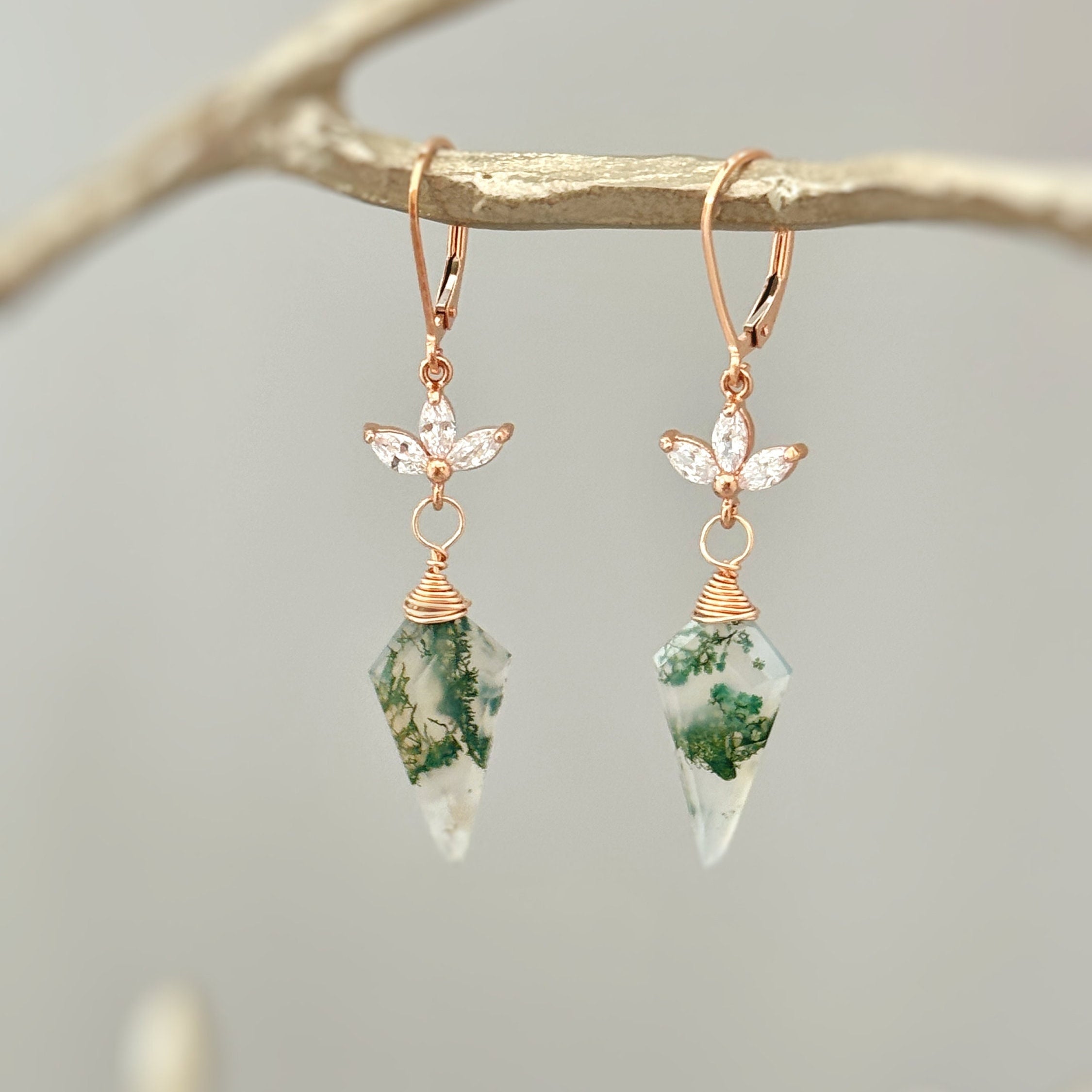 Crystal and Moss Agate Earrings Dangle Rose Gold, Sterling Silver, 14k Gold Fill