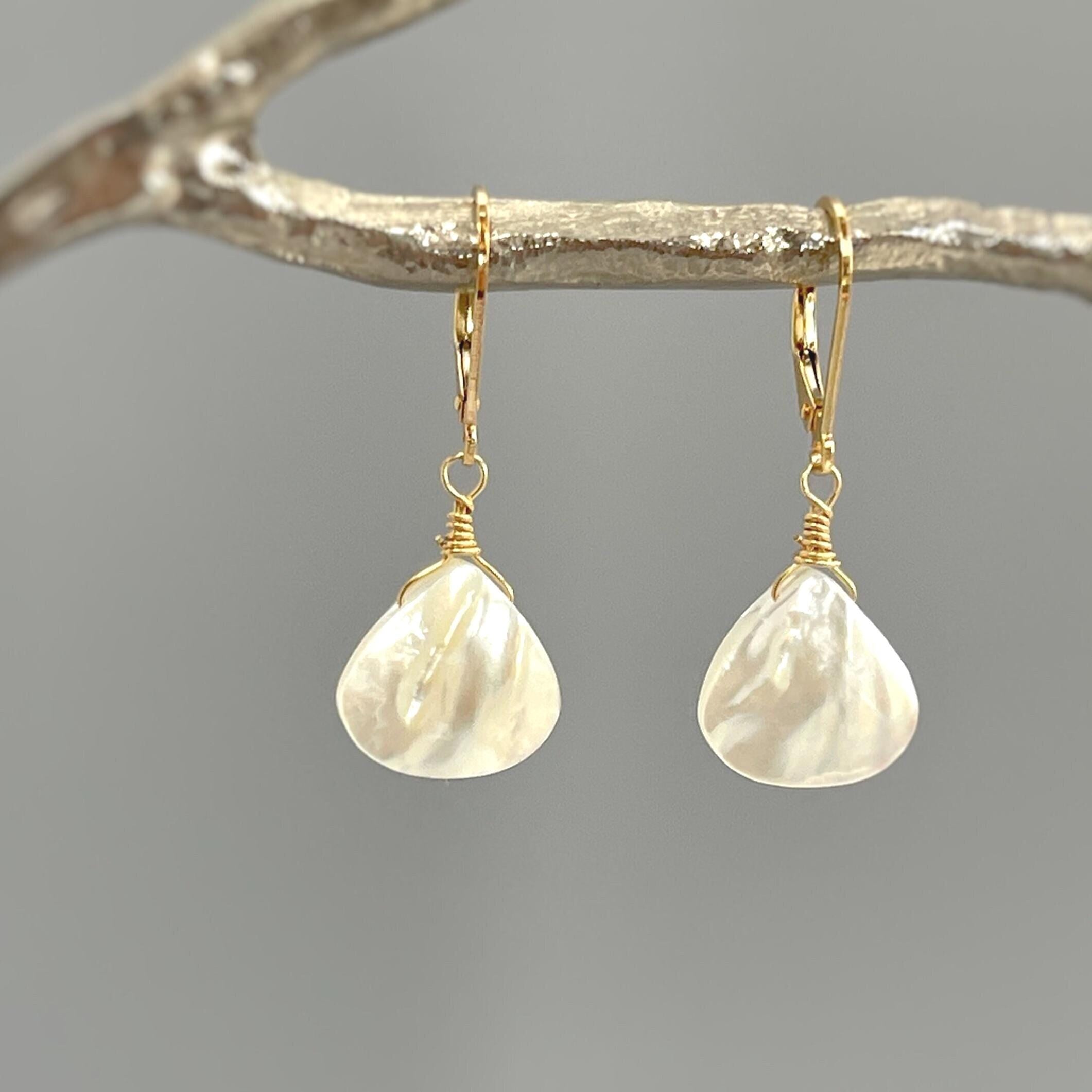 Mother of Pearl Earrings dangle drop 14k Gold, Silver beachy shell pearl jewelry Summer Jewelry handmade iridescent minimalist gift for wife
