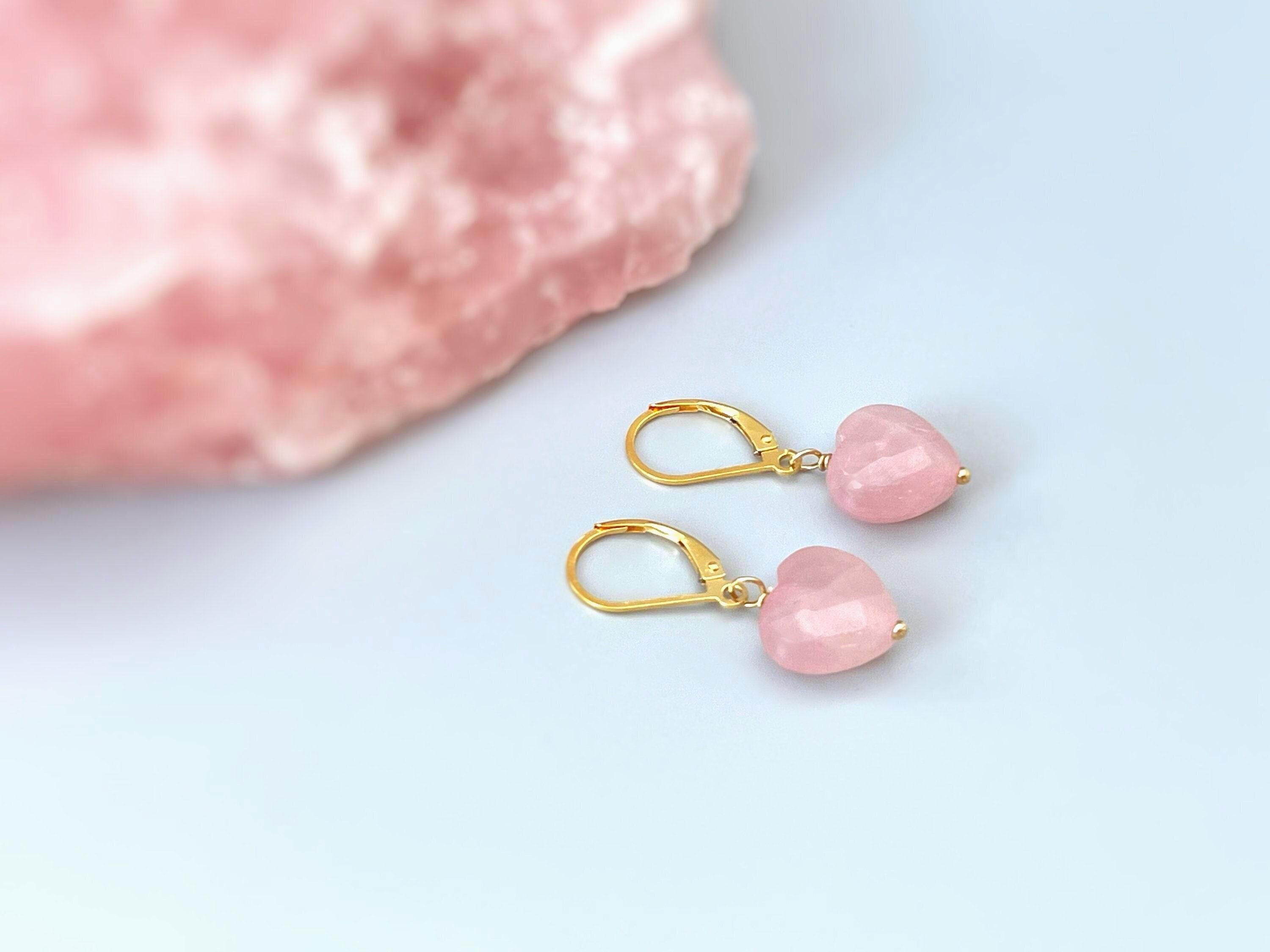 Pink Rose Quartz Heart Earrings Dangle Gold, Rose Gold, Sterling Silver dangling Handmade Gemstone Jewelry January birthstone gift for mom