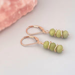 Jade Earrings dangle, Rose Gold gold, sterling silver, 14k Gold boho dangly lime green gemstone lightweight everyday jewelry for women