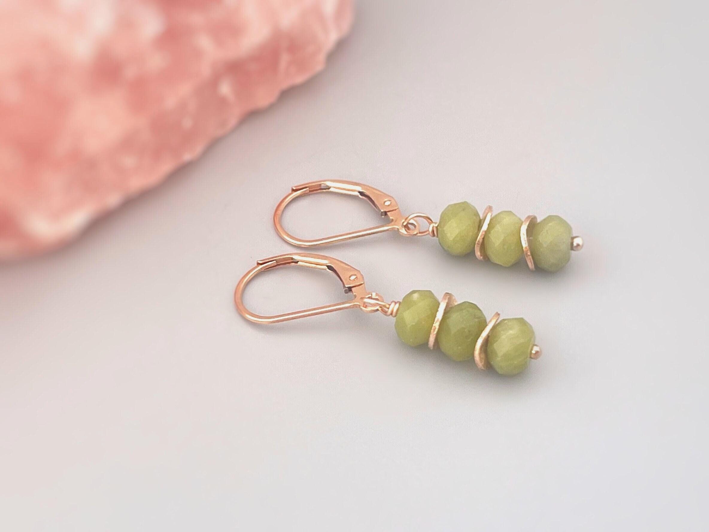 Jade Earrings dangle, Rose Gold gold, sterling silver, 14k Gold boho dangly lime green gemstone lightweight everyday jewelry for women