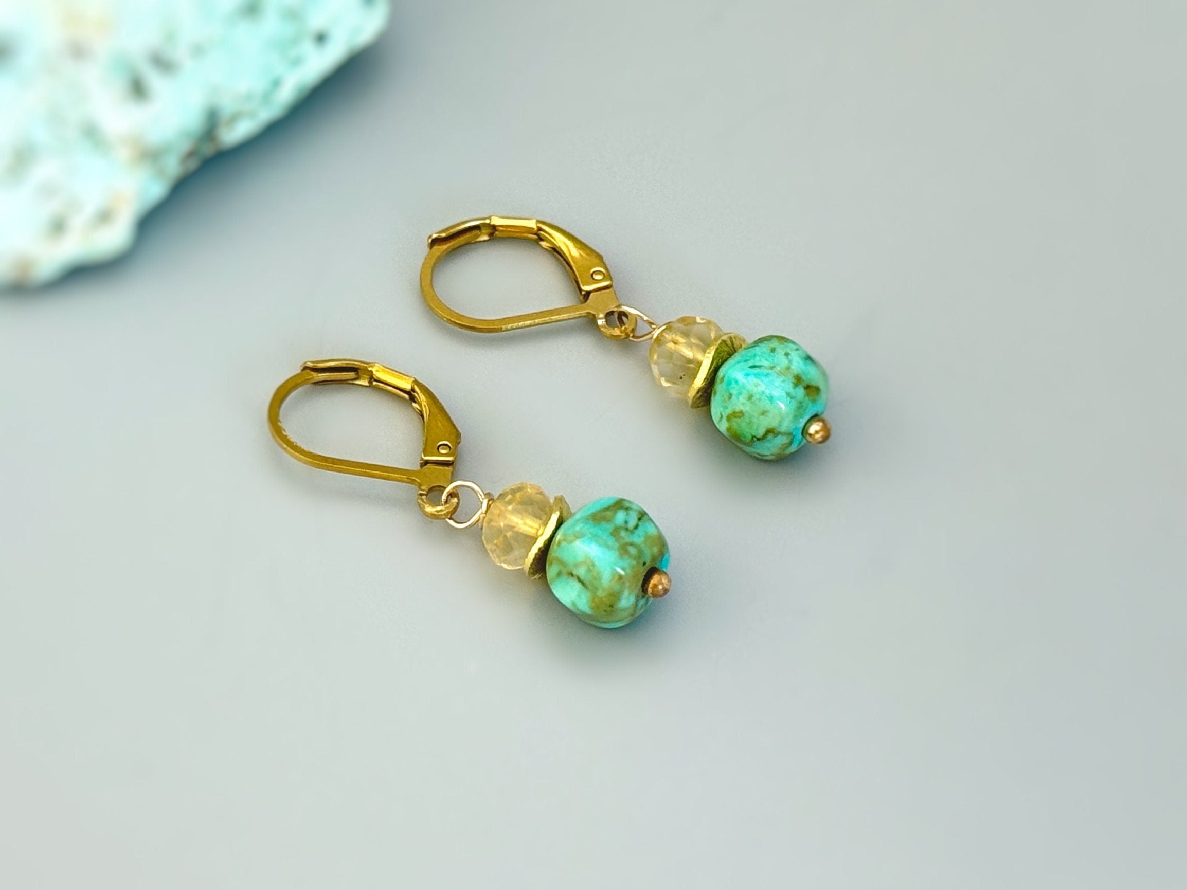 Citrine and Turquoise Earrings gold drop dangle. Handmade December birthstone jewelry for women