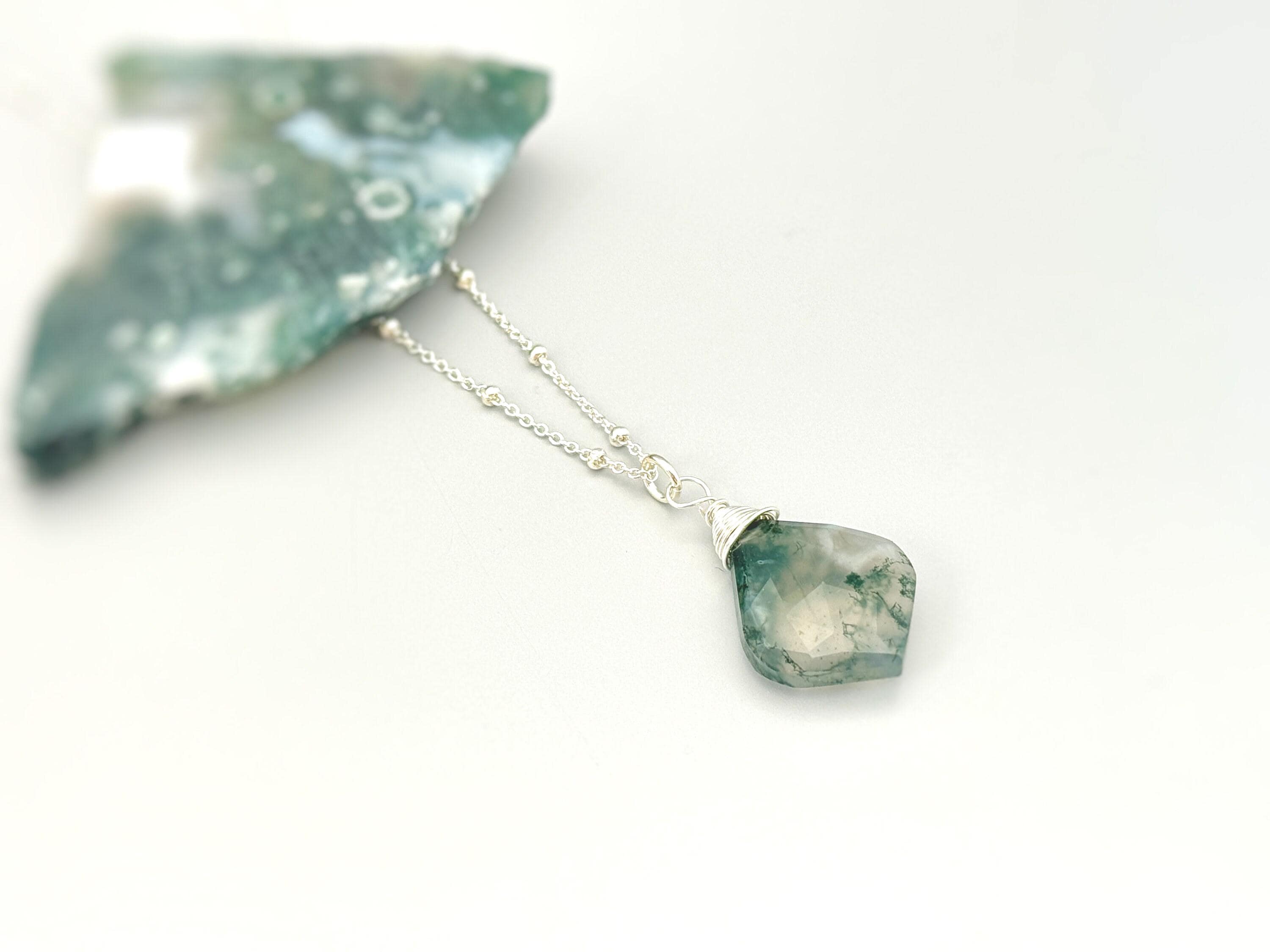Moss Agate Pendant Necklace for women Silver, Rose Gold, Gold handmade crystal jewelry simple boho layering necklace gift for sister friend