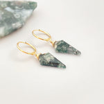 Moss Agate Earrings Dangle  14k Gold Fill Huggie Hoops Sterling Silver  Rose Gold Handmade jewelry dainty raw gemstone crystal earrings gift