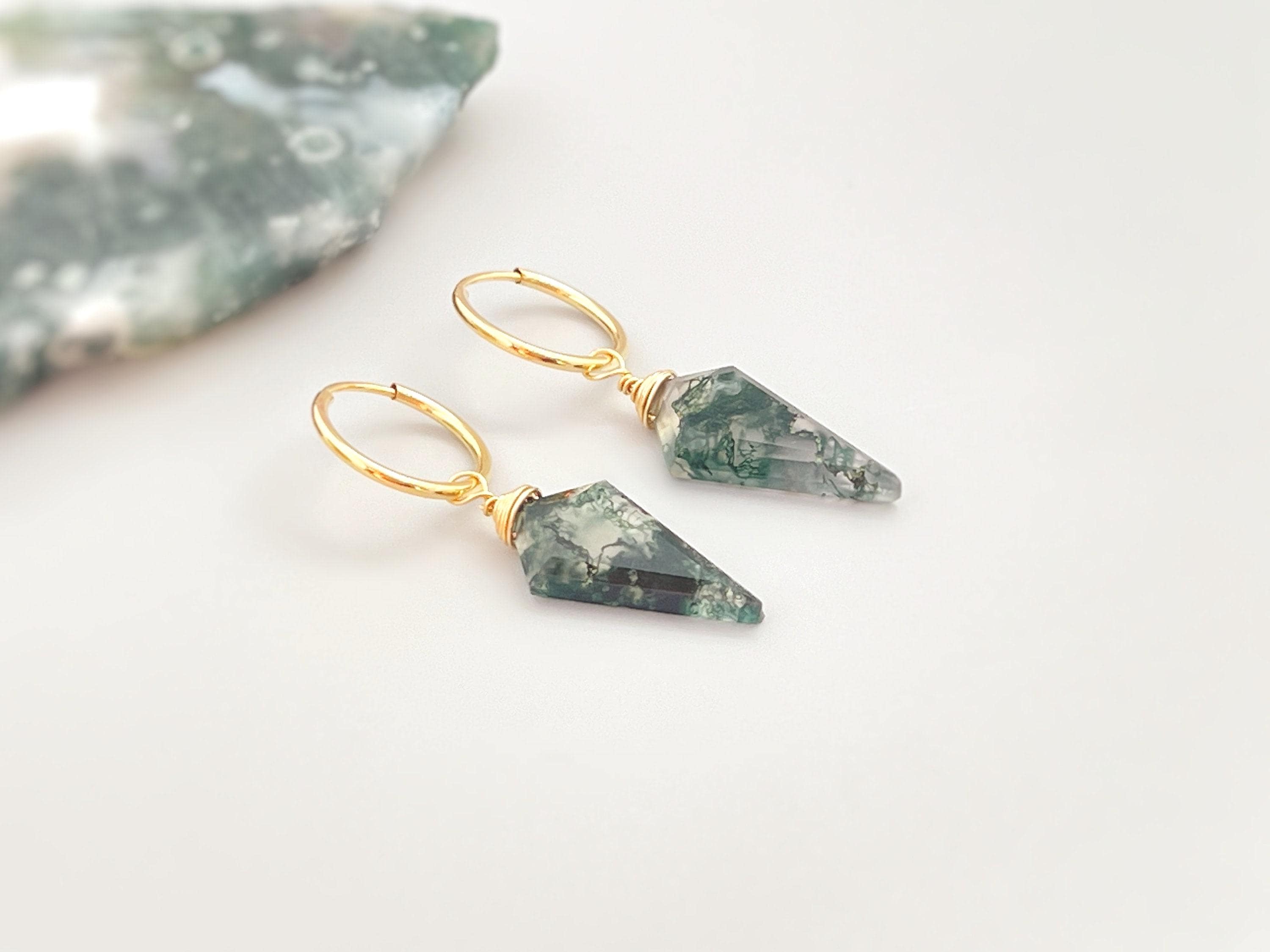 Moss Agate Earrings Dangle  14k Gold Fill Huggie Hoops Sterling Silver  Rose Gold Handmade jewelry dainty raw gemstone crystal earrings gift