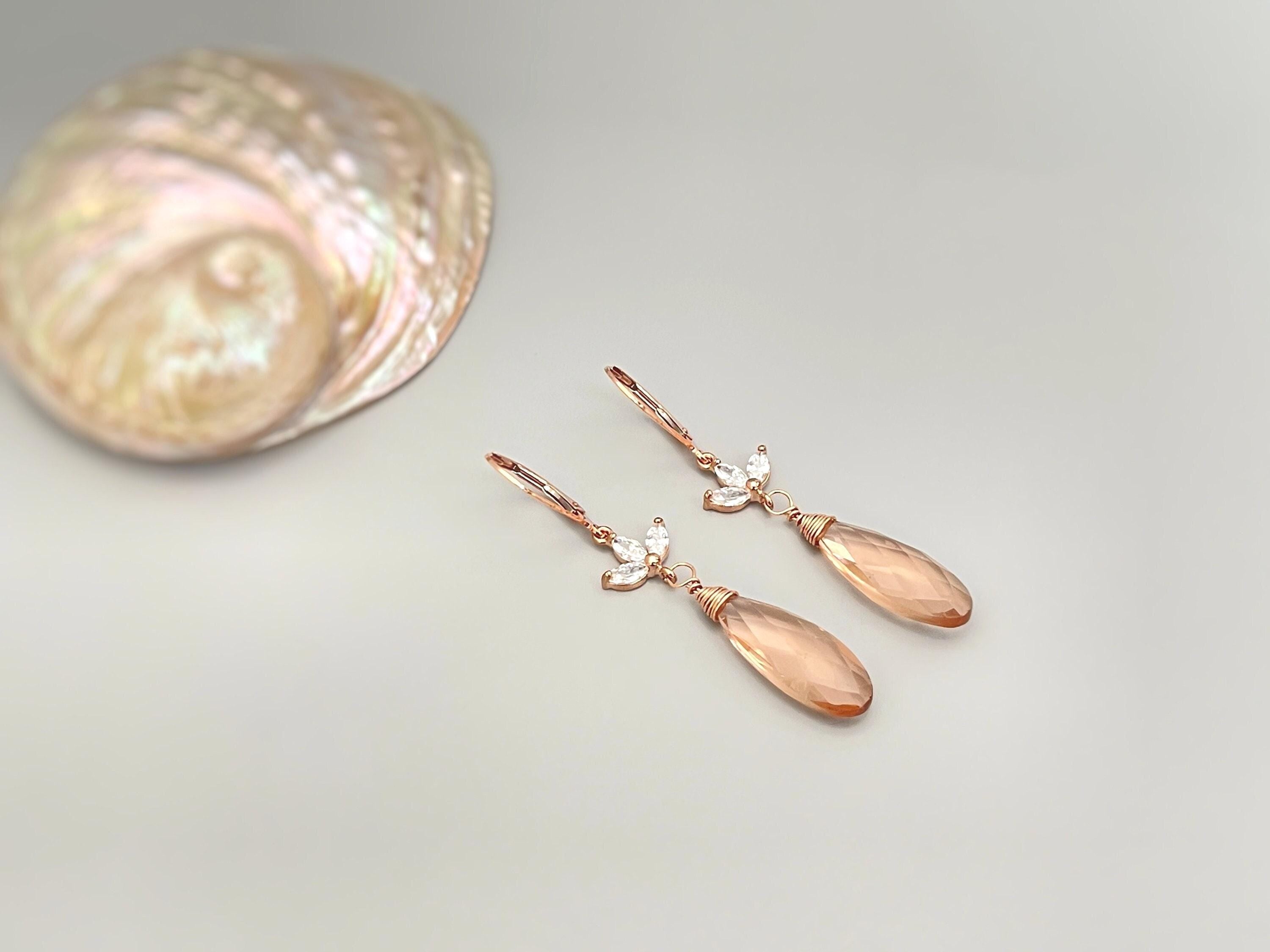 Morganite Rose Gold Earrings dangle pink, peach, champagne 14k Gold fill Dainty tear drop crystal dangly earrings Handmade Jewelry for women