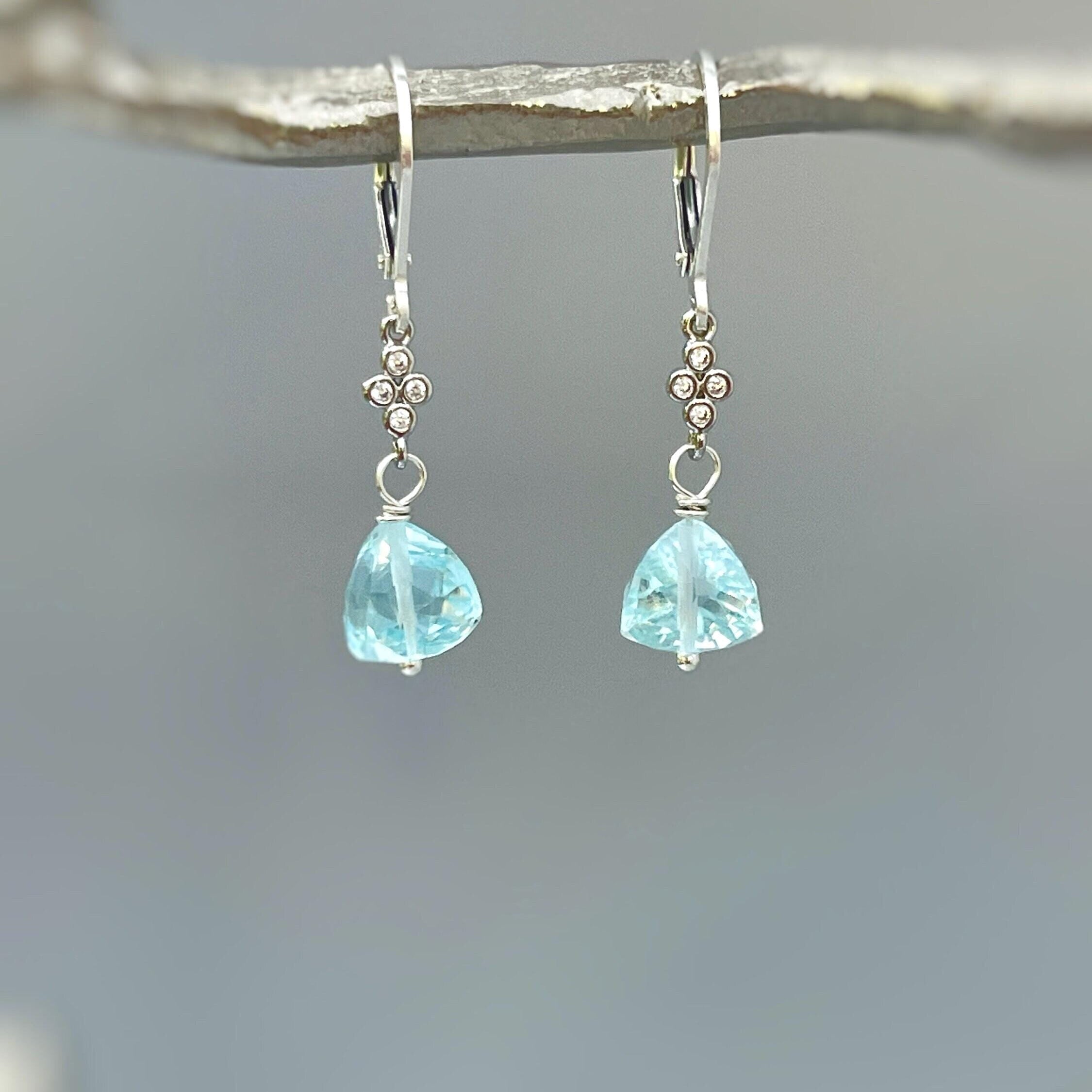 Sky Blue Topaz earrings dangle, Sterling Silver drop, gold sparkling Quartz Dangly cgemstone Rose Gold Handmade jewelry November Birthstone