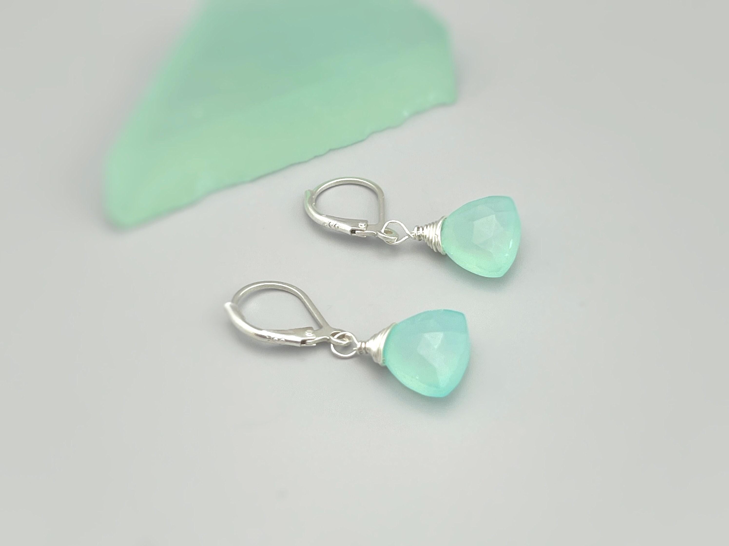 Aqua Chalcedony earrings dangle Sterling Silver boho14k Gold fill Rose Gold dangly tear drop minty sage green handmade gemstone jewelry gift
