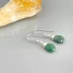 Emerald Earrings Dangle Handmade Jewelry Solid 14k Gold Silver Rose Gold teardrop Dangling raw Gemstone lightweight leverback Dainty