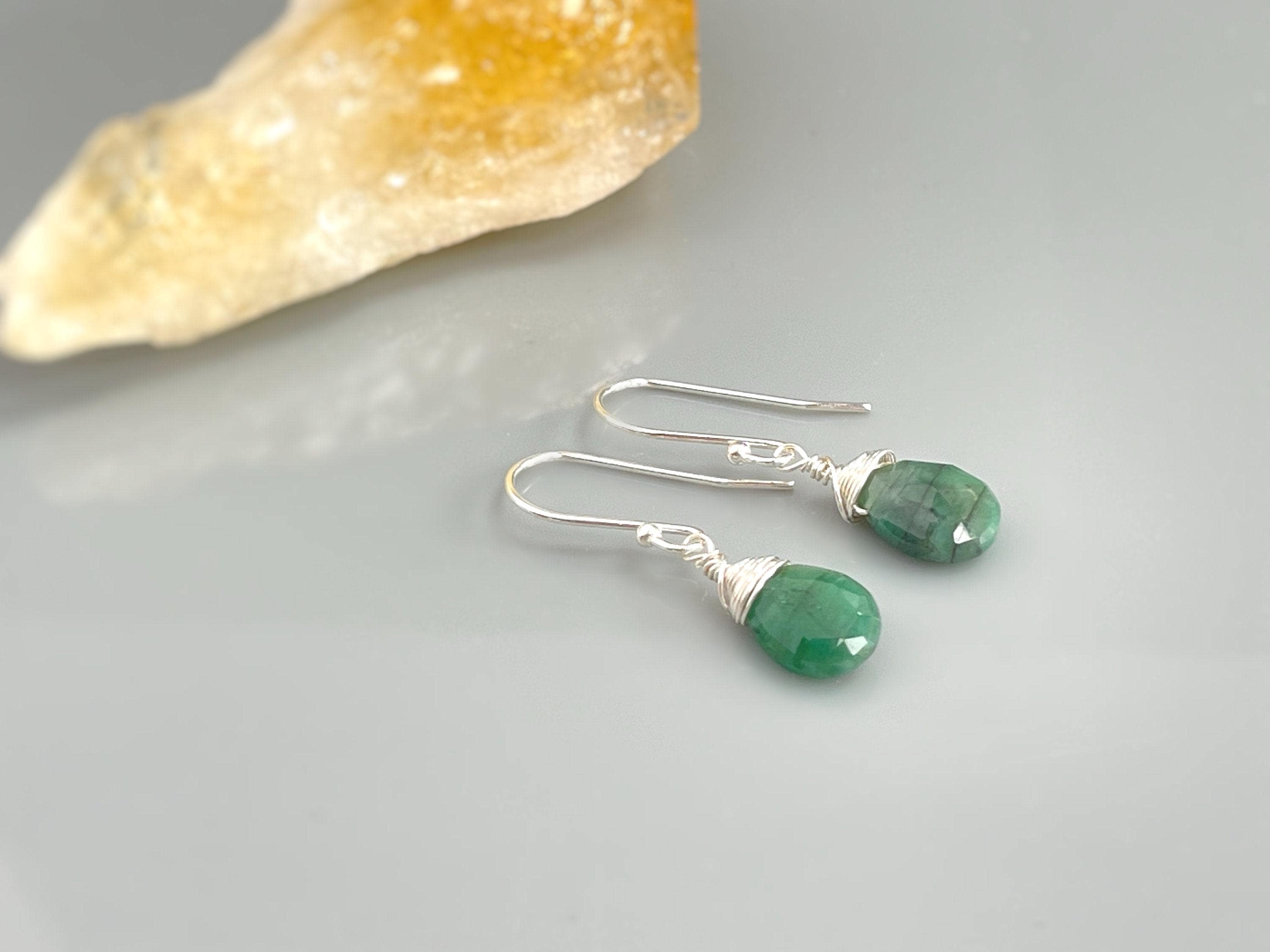 Emerald Earrings Dangle Handmade Jewelry Solid 14k Gold Silver Rose Gold teardrop Dangling raw Gemstone lightweight leverback Dainty