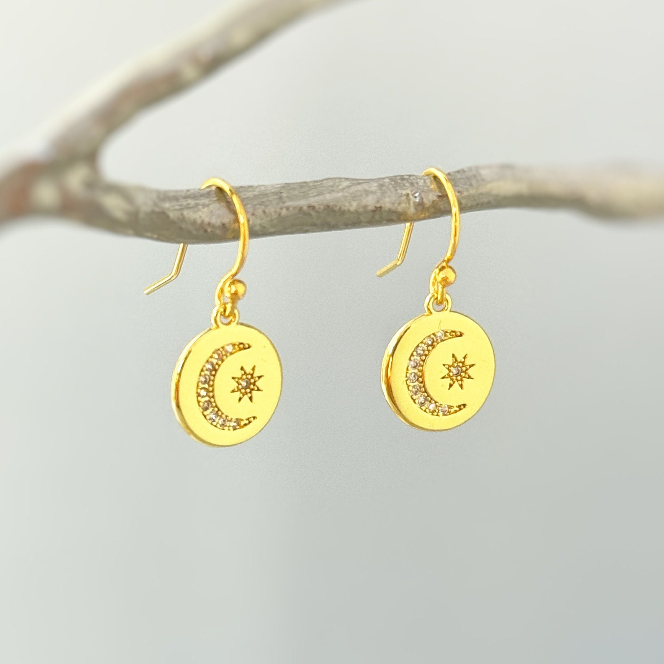 Crystal Crescent Moon Celestial Earrings dangle