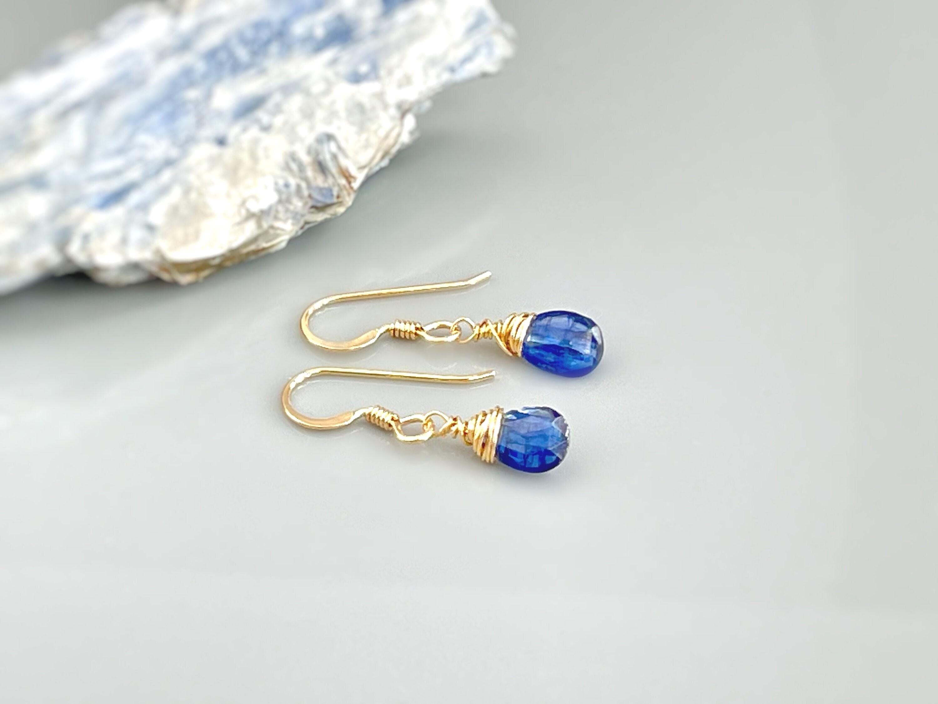 Dainty Blue Kyanite Gemstone earrings dangle drop teardrop 14k Gold, sterling silver blue kyanite jewelry handmade minimalist gift for wife