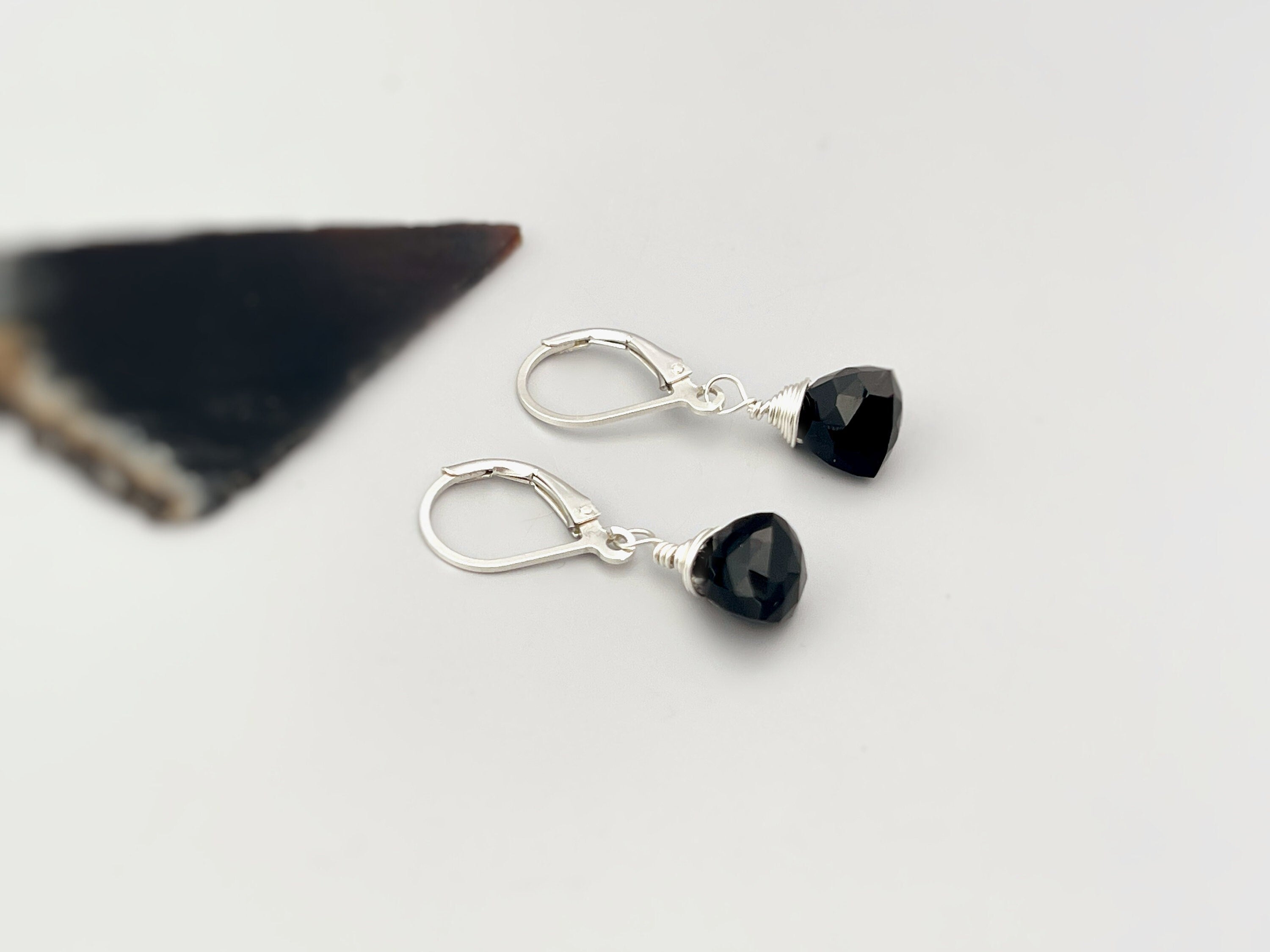 Onyx earrings dangle Sterling Silver, 14k gold, Rose Gold Dainty tear drop crystal dangly black gemstone July birthstone jewelry for women