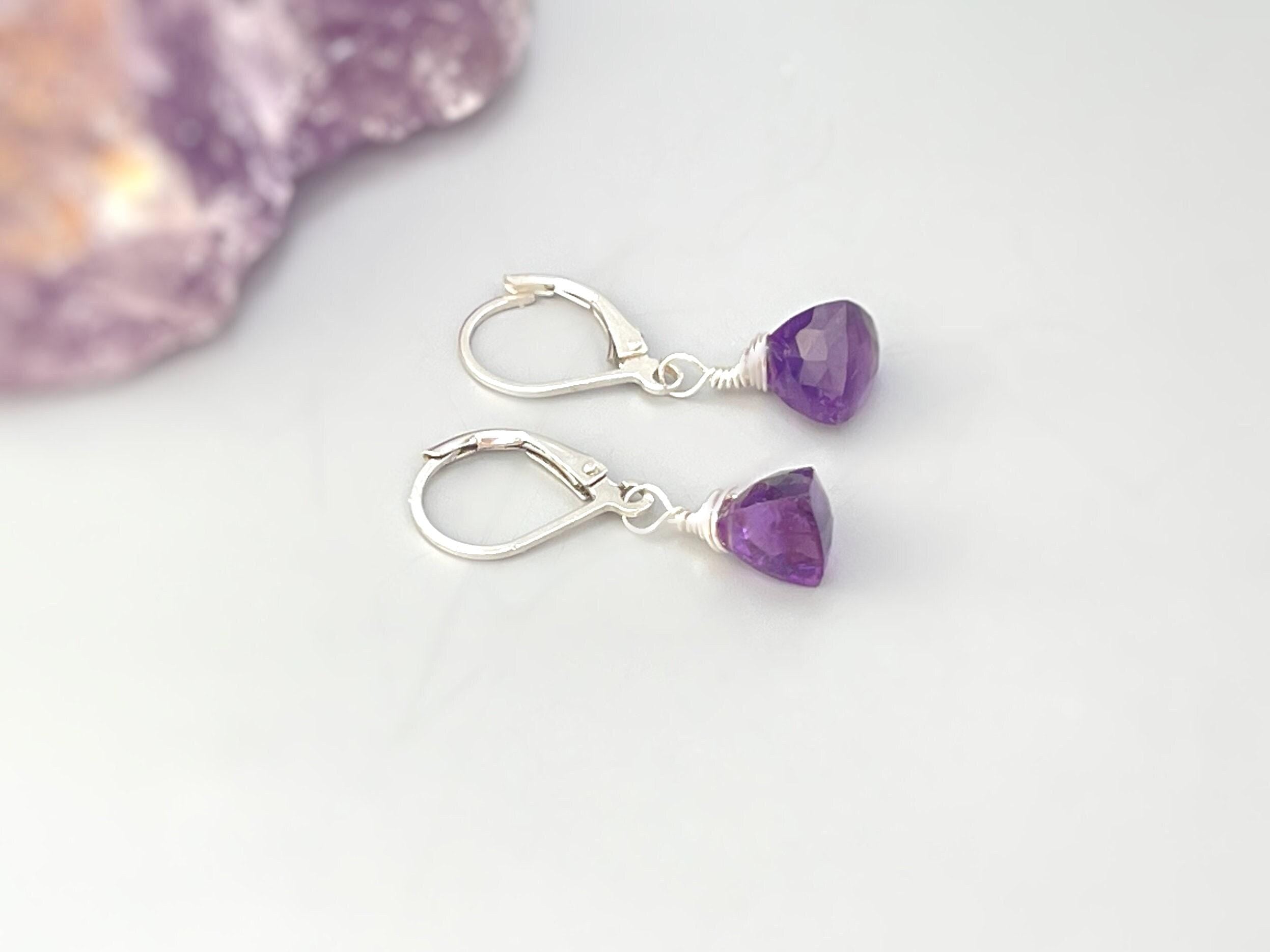 Dainty Amethyst earrings dangle Sterling Silver, 14k gold Rose Gold  lightweight tear drop crystal dangly purple gemstone birthstone jewelry