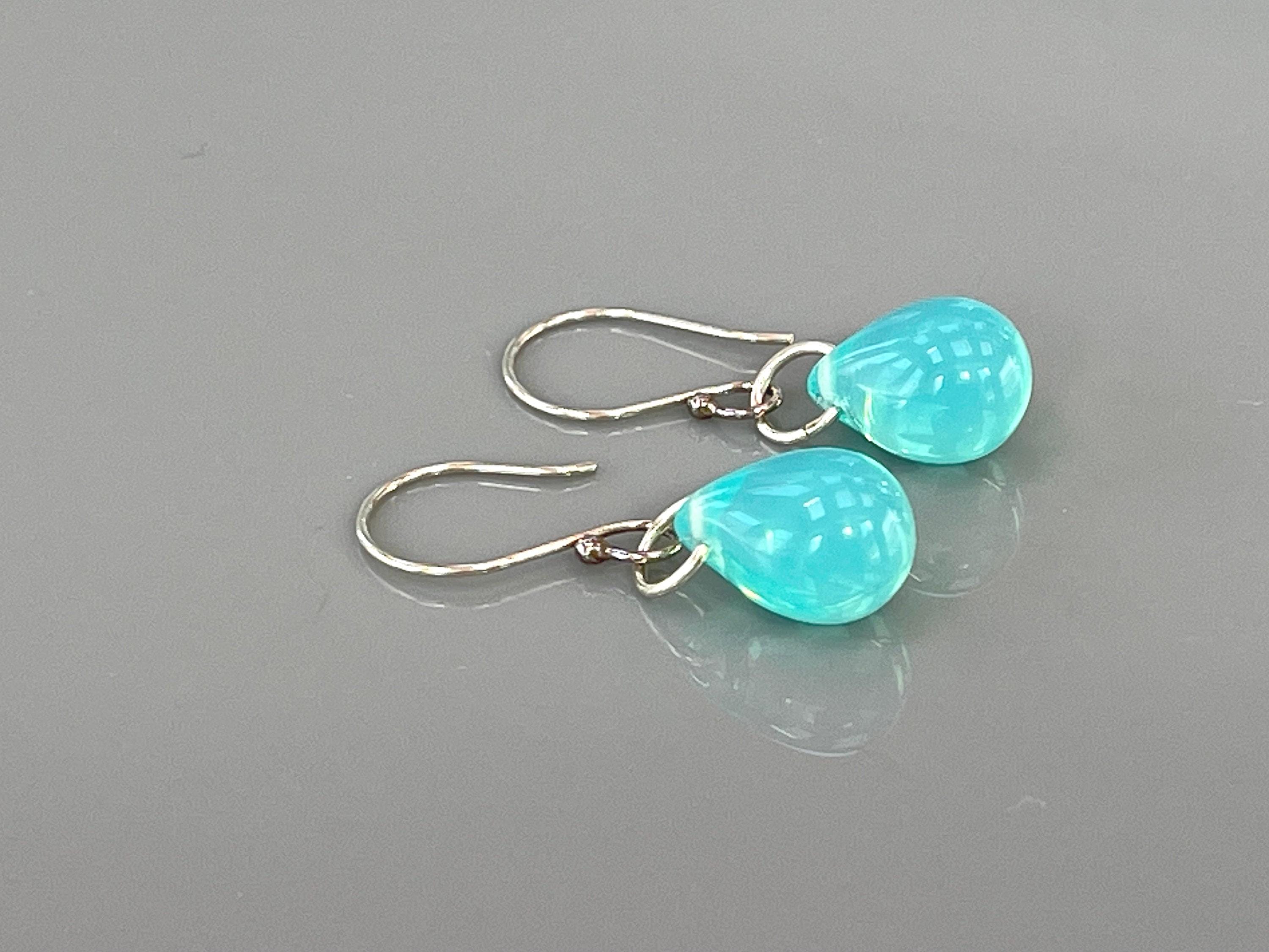 Rain Drop Earrings Aqua Art Glass Earrings sterling silver modern art glass earrings, beach glass, gift for wife, girlfriend